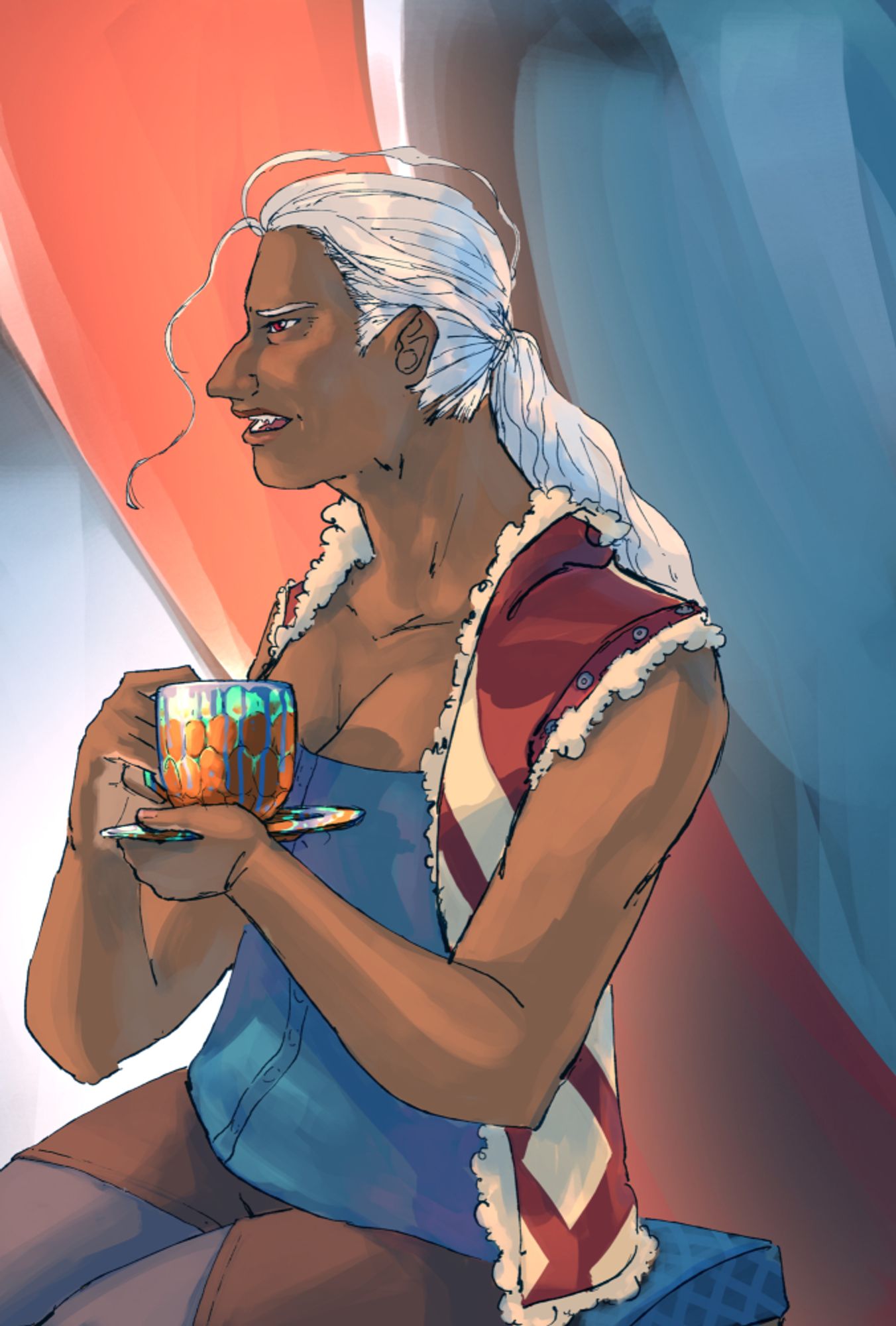 Velan ket'Oserisades, an OC, sits on some sort of cushioned stool and holds a teacup over a saucer in both hands. She is looking toward someone off-screen and speaking, looking a bit perplexed. She has dark skin, white hair, and luminous red eyes. She has pointed ears that have been clipped at the tips to look more rounded, and a few wrinkles on her face. She is also wearing a blue shirt with snaps down the center, brown and blue-gray pants with snaps in a spiraling pattern down the length of the leg, and a wool-lined red and cream leather vest that also clearly has snaps in unusual places, as the sleeves have been removed and snaps to put them back on are visible. 