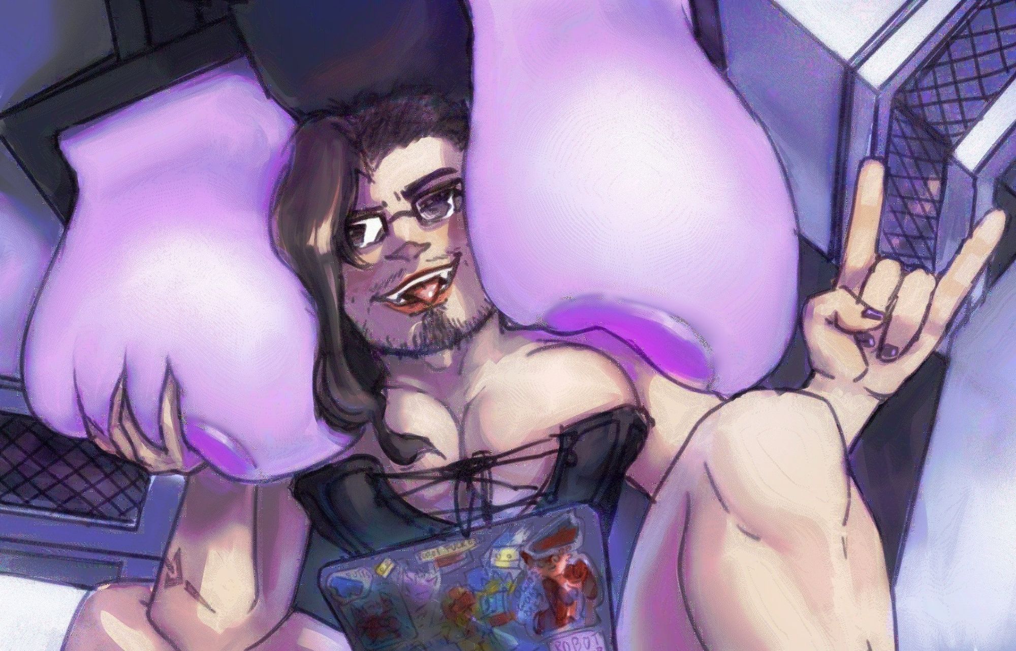 A stylized depiction of a trans person with large tits sits with a small laptop covered in stickers between their thighs. They are wearing a corset that's pushing their breasts up dramatically, doing "devil horns" with one hand, and sticking their tongue out. Sitting heavily on one shoulder and in one hand are two enormous lavender breasts, attached to Motormaster, who is looming over them so only his chest and some of his arms are visible. This is obviously an excellent place to be, and the person in the picture seems delighted.