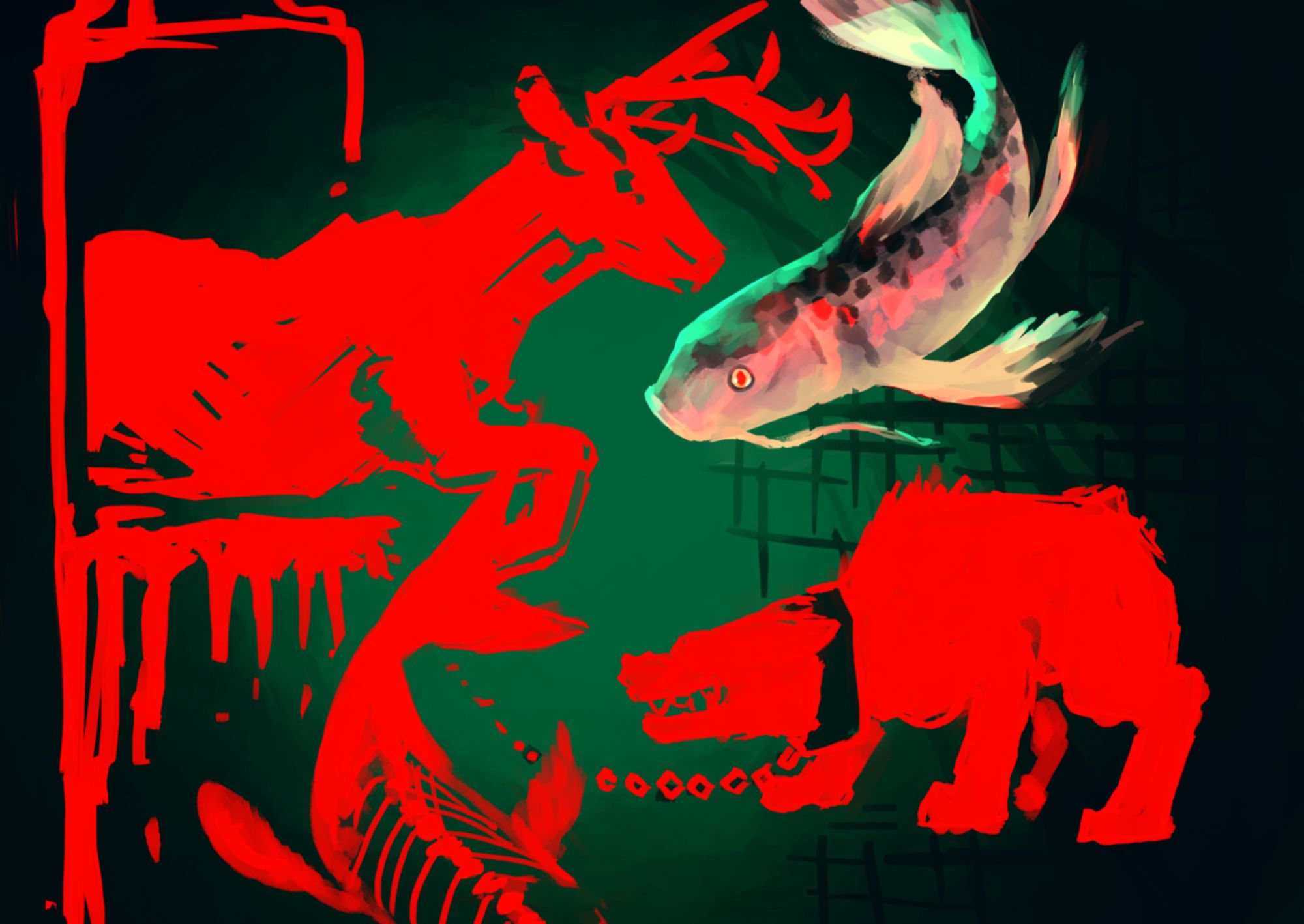 A drawing in progress; there are four animals, three of which are drawn in bright red paint, on a green background. From left to right, there is a deer springing out of a dripping square frame; a fish, rendered and shaded; and on the second line, another fish, turning into a skeleton, and a scared dog growling at something wearing a heavy collar and backing up. In the background are dark outlines like mangrove trees and also dark crossing lines like the bars of a cage. The fish is light yellow and pink, with black blotches over the top. 