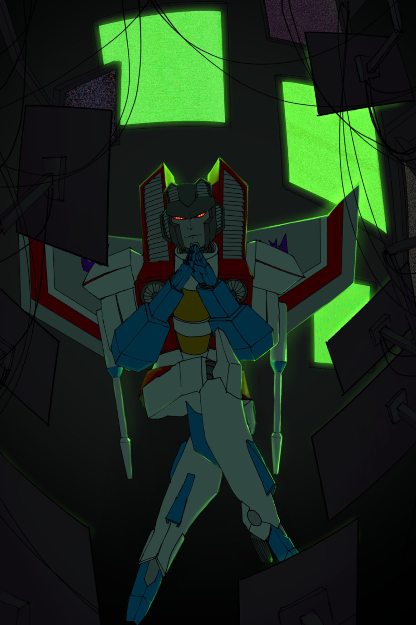 A barely-shaded illustration of Starscream, sitting in a chair with one leg crossed over the other and his hands steepled under his chin. He is surrounded by screens; the ones behind him glow an intense green, lighting him from behind. 