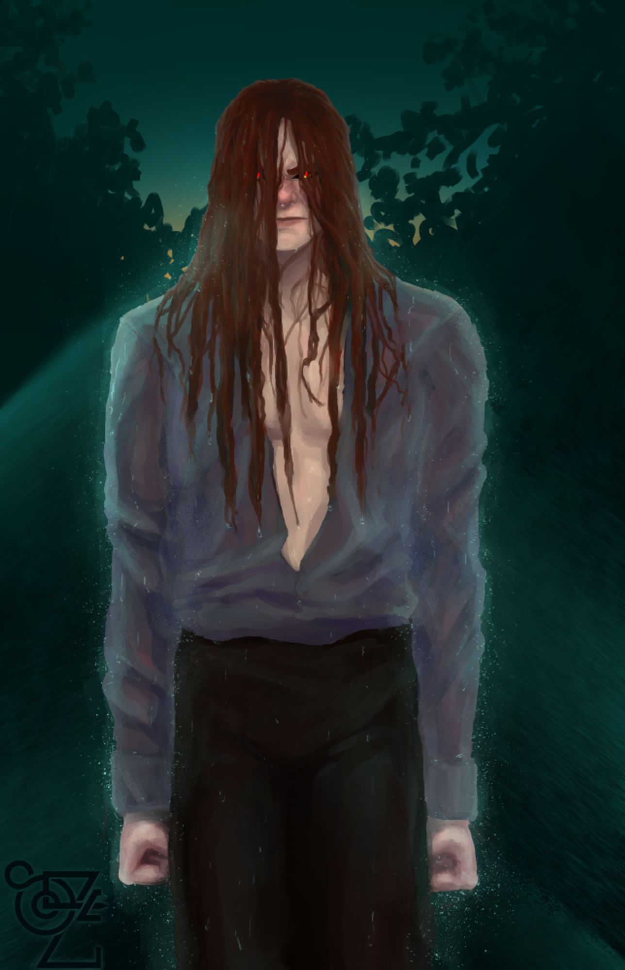 Haven, a pale man with long red hair, stands stiffly in an outdoor place in the dark, silhouetted by the faint shapes of trees against the slowly-lightening sky behind him. He is visibly cold and frustrated, with blue lips and very red cheeks, and he has his fists clenched tightly at his sides. He is also standing directly in the beam of three separate sprinklers, and drenched head-to-toe. His gray shirt has a deep v-neck that reveals his pallid chest, and where it sticks to his skin it's partially translucent. His pants are a thicker material and very dark, and nothing can be seen through them, but they reflect the light like they're absolutely saturated, too. In the very background, just over the trees, the sun is beginning to be visible; and in front of his tangled, soaking-wet hair, Haven's glowing red pupils stand out against his face with a bright and intense red glow. 