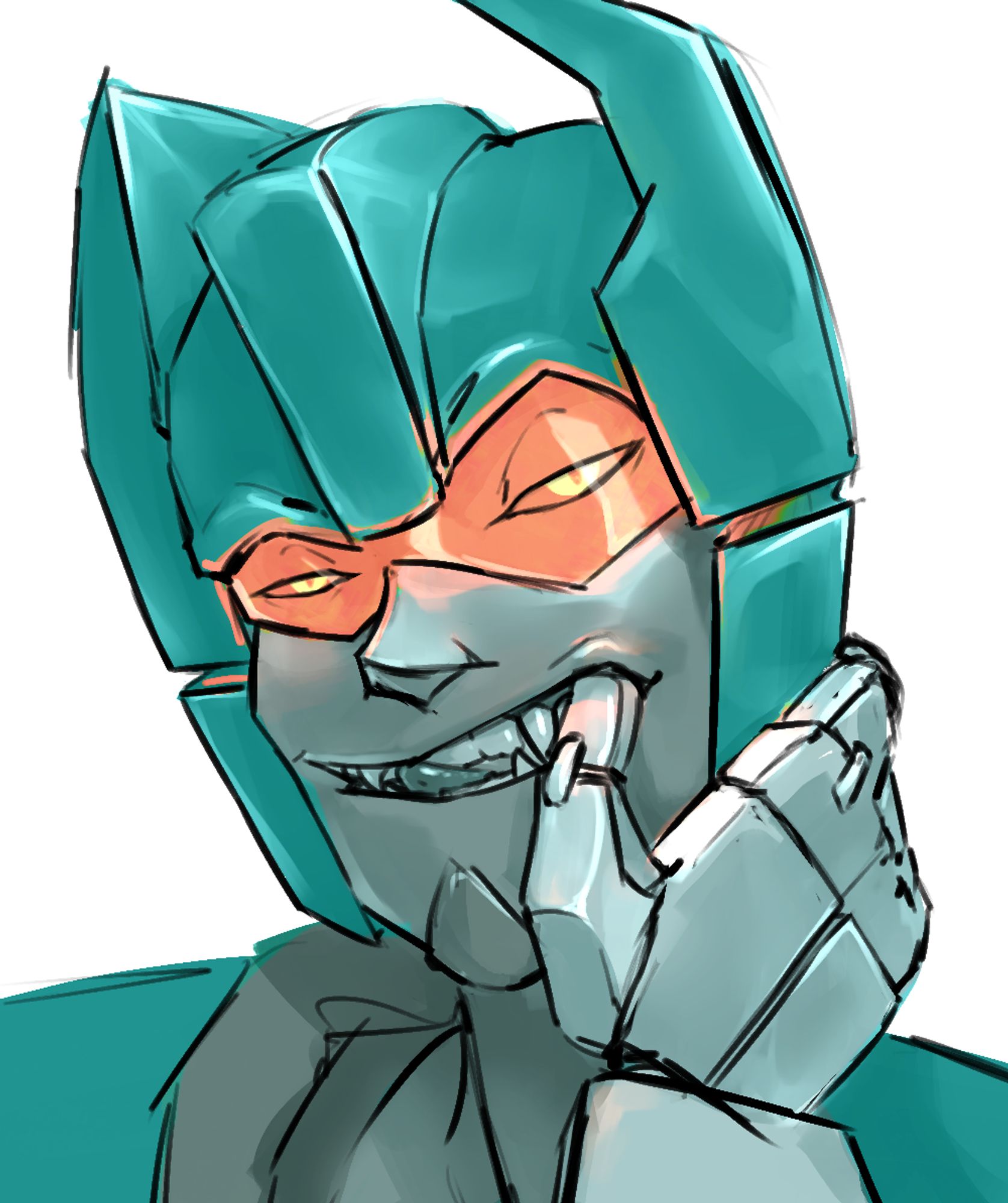 Vortex from Transformers, a cocky teal and gray character with a red visor and sharp fangs. Only his head and shoulders are visible, and someone else's white hand is on his face; they have their thumb poking up his lip so they can look at his fangs, and he is smirking at them. 