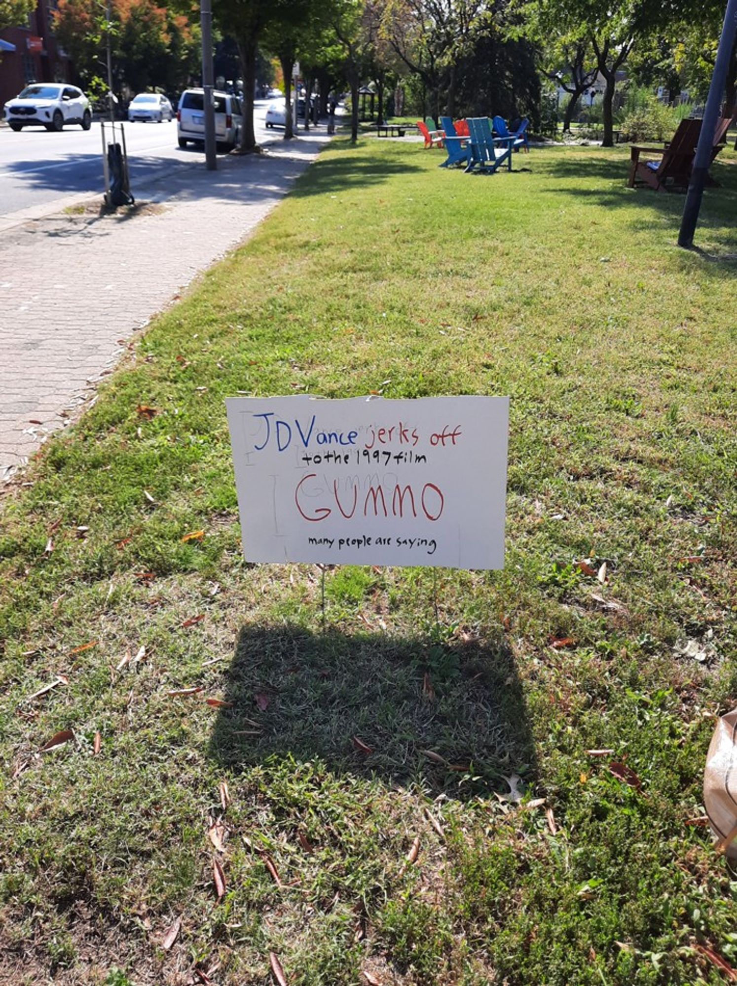 Crude political yard sign in a park says "JD Vance jerks off to the 1997 film GUMMO - many people are saying."