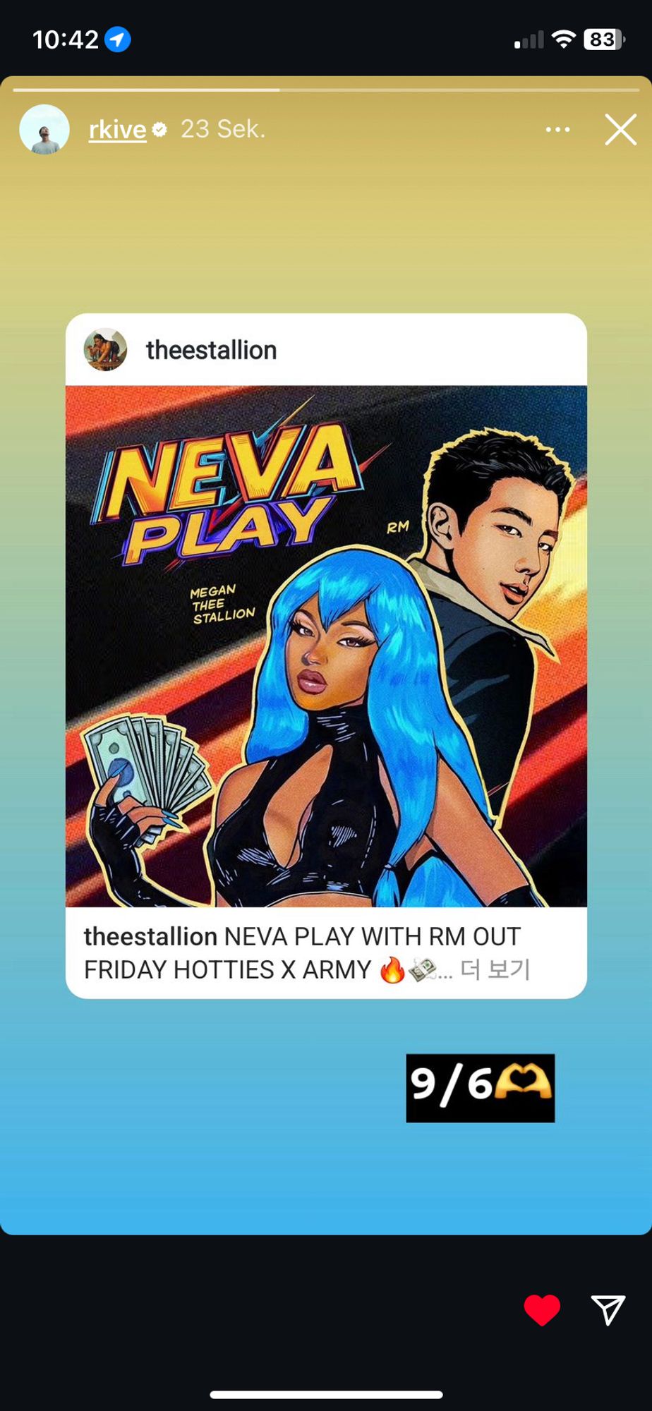 announced for friday Neva play with RM Namjoon user story on Instagram