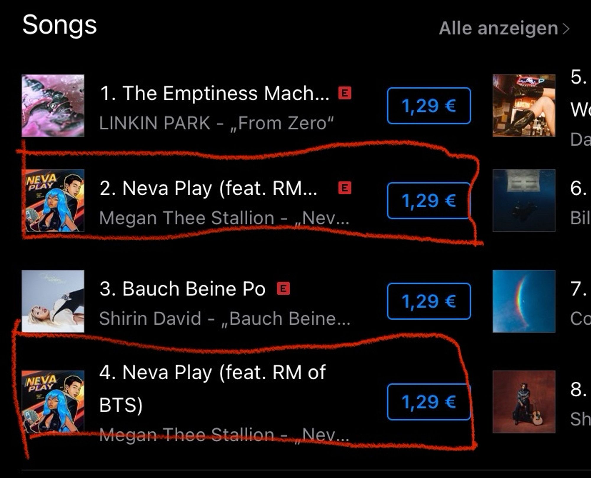 ITunes Charts germany showing Neva Play feat RM of BTS on 2d and 4th rank