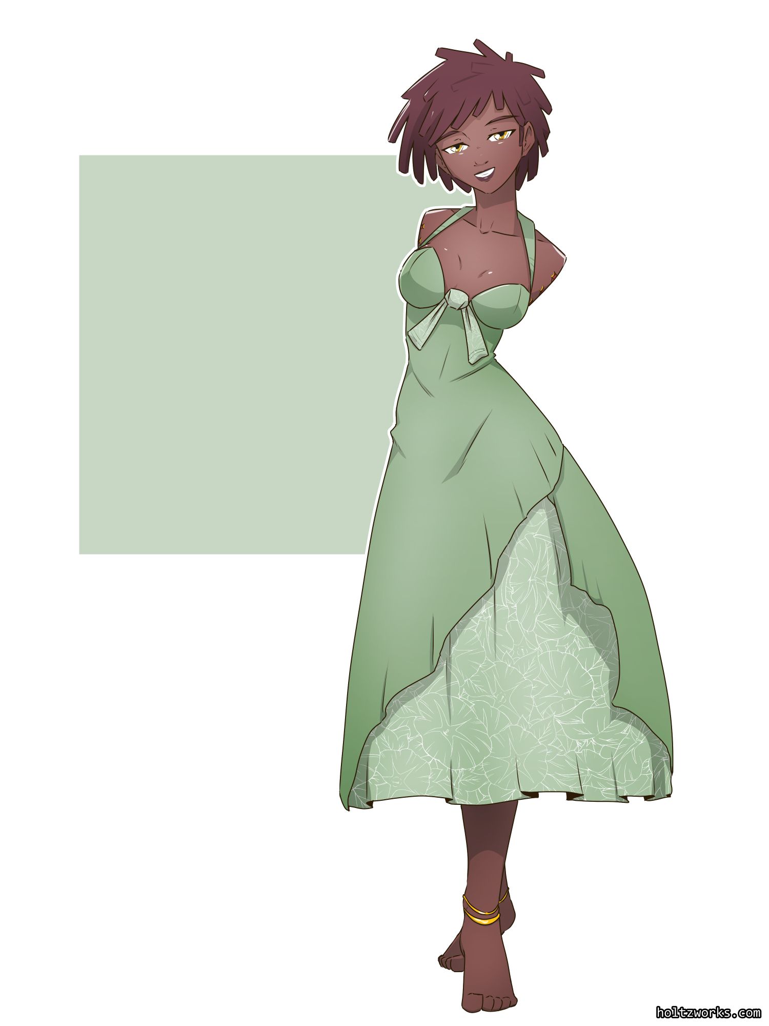 Andrea
A congenital amputee with no arms wearing a green sundress