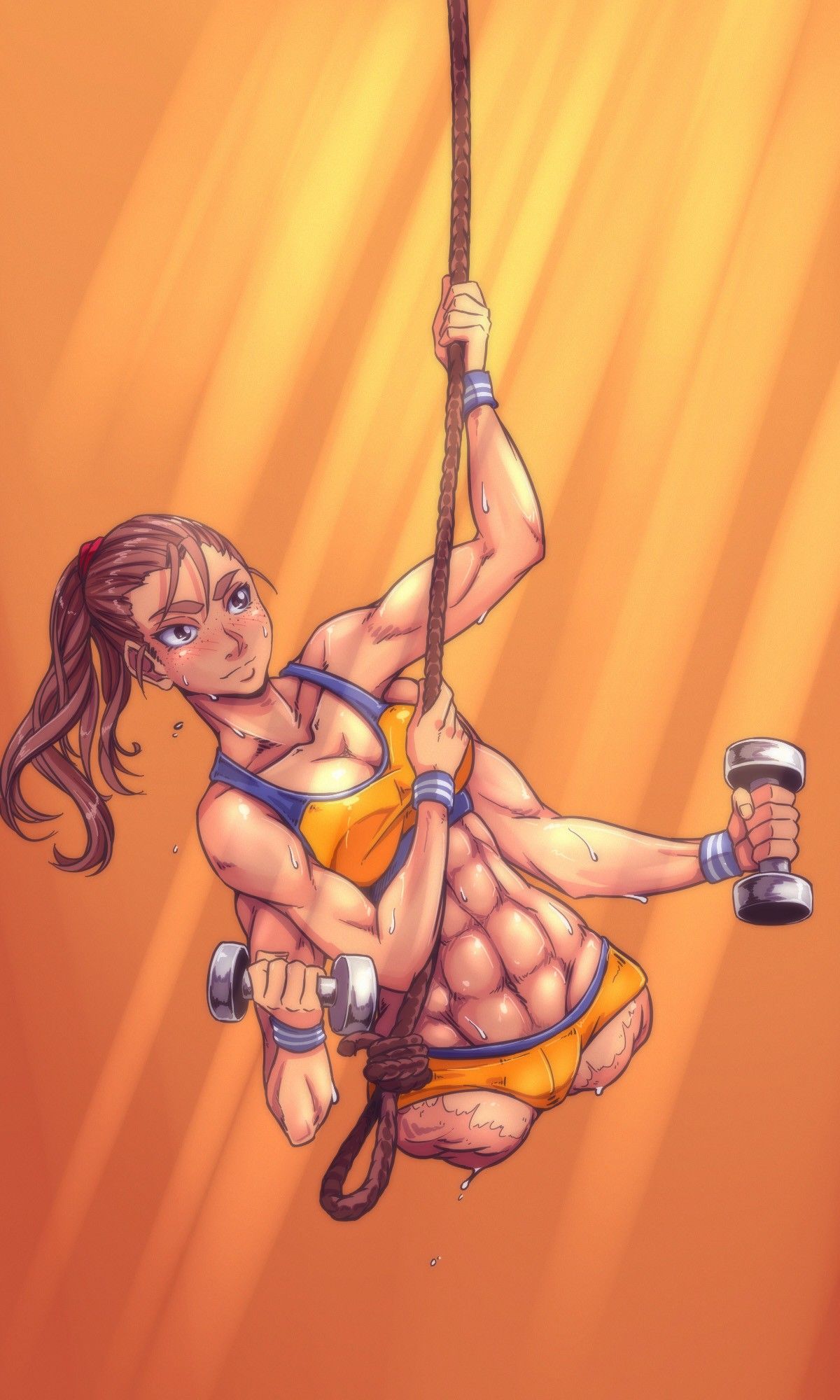 Natasha exercising. 
A muscular woman with four arms, Natasha has very wide hips that end in large scars where she's missing both legs.

Her reddish-brown hair is tied in a ponytail and she wears an orange sports bra and shorts with blue accents and blue and white striped sweat bands on her wrists.

She is climbing a rope with her upper pair of arms while the lower pair lift dumbbells.

Patreon artwork by Gammatelier