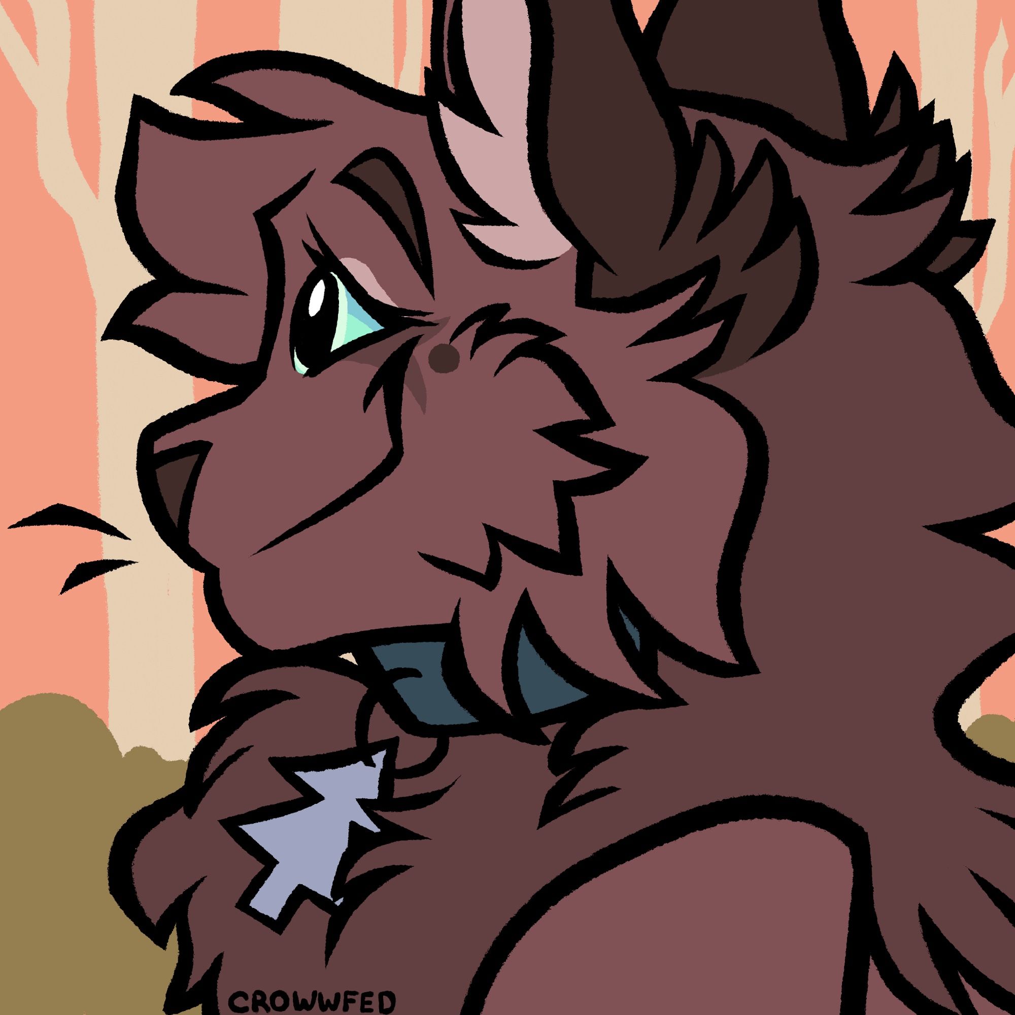 A digital drawing of a gray cat, facing left in profile view. This drawing is a bust shot, so only the character’s head and shoulders is visible. He’s smiling and looking off to the distance. The background is a simple aspen forest. This character is named Shadow and belongs to ShadowMystPines.