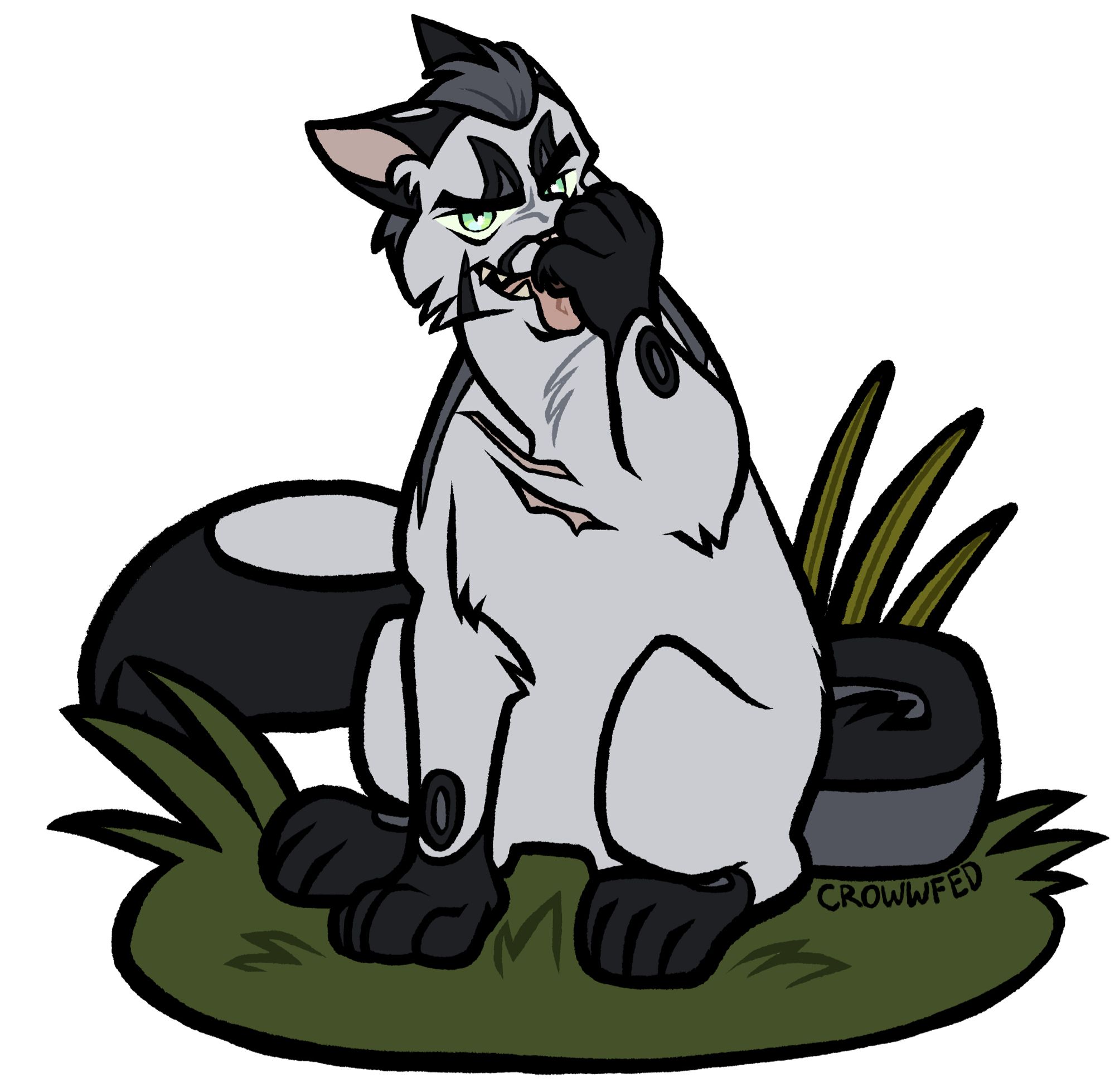 A digital drawing of a cat character. He has white fur, a big fluffy tail, and darker stripes and paws. His nail is mostly black and gray. And he has a prominent white circle marking on the end of his tail. He has two long scars on his chest. He is posed, a fullbody, sitting and grooming one paw as he looks into the camera. He’s depicted sitting on some grass. His name is Snowfall and he belongs to Mylkzi.