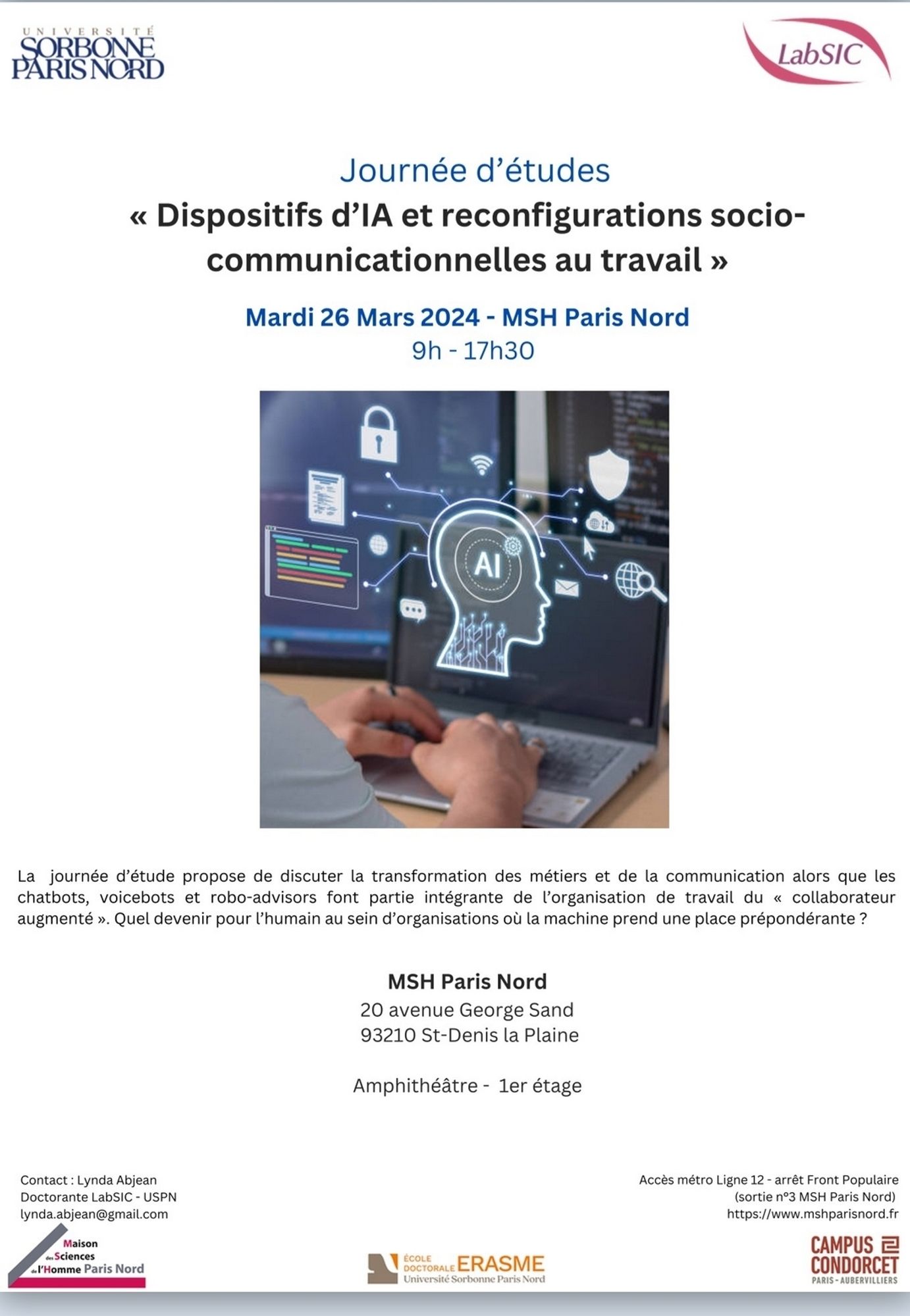 Poster for the conference "Dispositifs d'IA et reconfigurations socio-communitionnelles au travail"