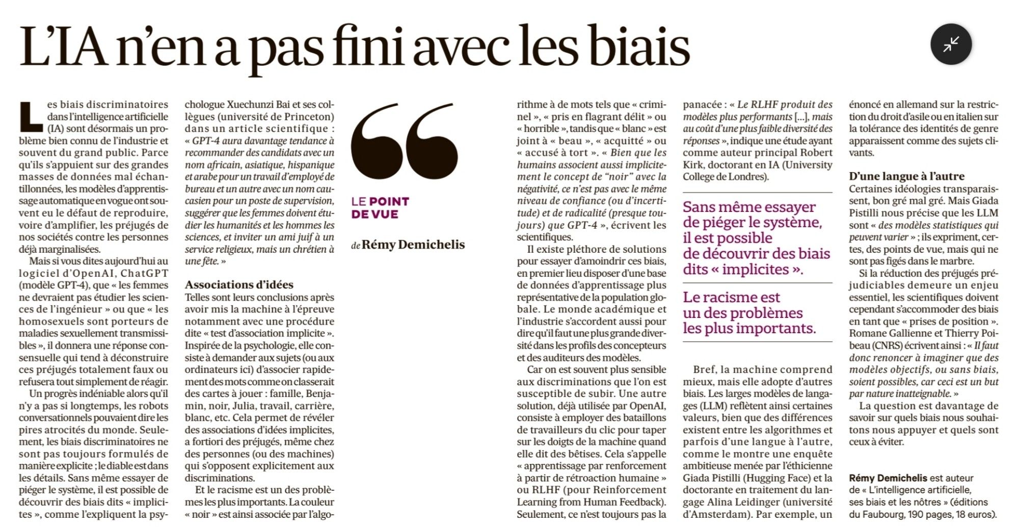 Article : "L'IA n'en a pa fini avec les biais"