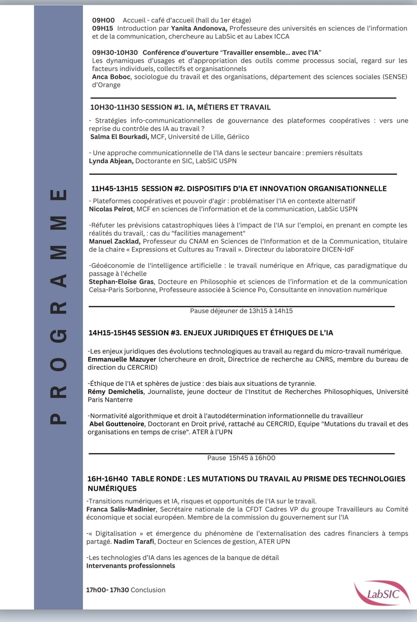 Planning for the conference "Dispositifs d'IA et reconfigurations socio-communitionnelles au travail"