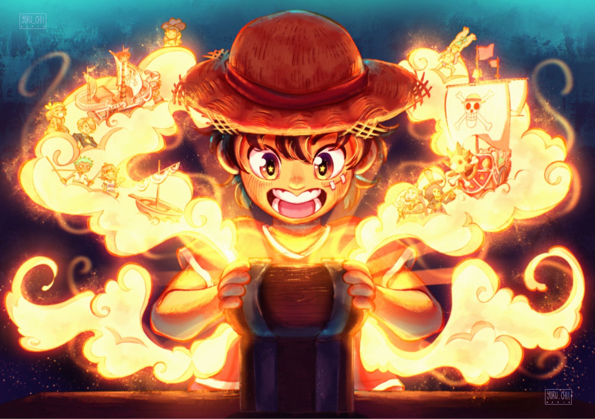 One Piece fanart. Kid Luffy opening up the little chest where the Gomu Gomu no mi is supposed to be. A bright light and clouds come out of the chest, the clouds sorrounding Luffy. These show the three different boats/ships Luffy had throughout his adventure so far, and little versions of his nakama with their pre-timeskip designs are also in these clouds.