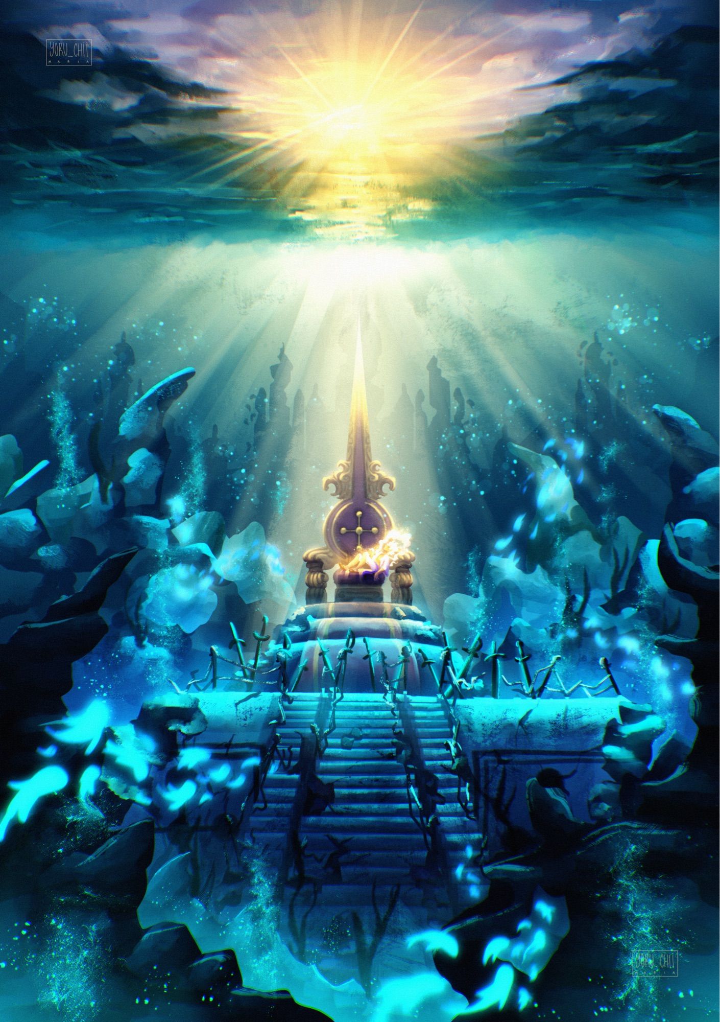 One Piece fanart. The setting is under the sea. On the very center of the canvas there’s Im-sama’s throne but Luffy on G5 is sitting on it. He is sorrounded by ruins, rocks and fish.