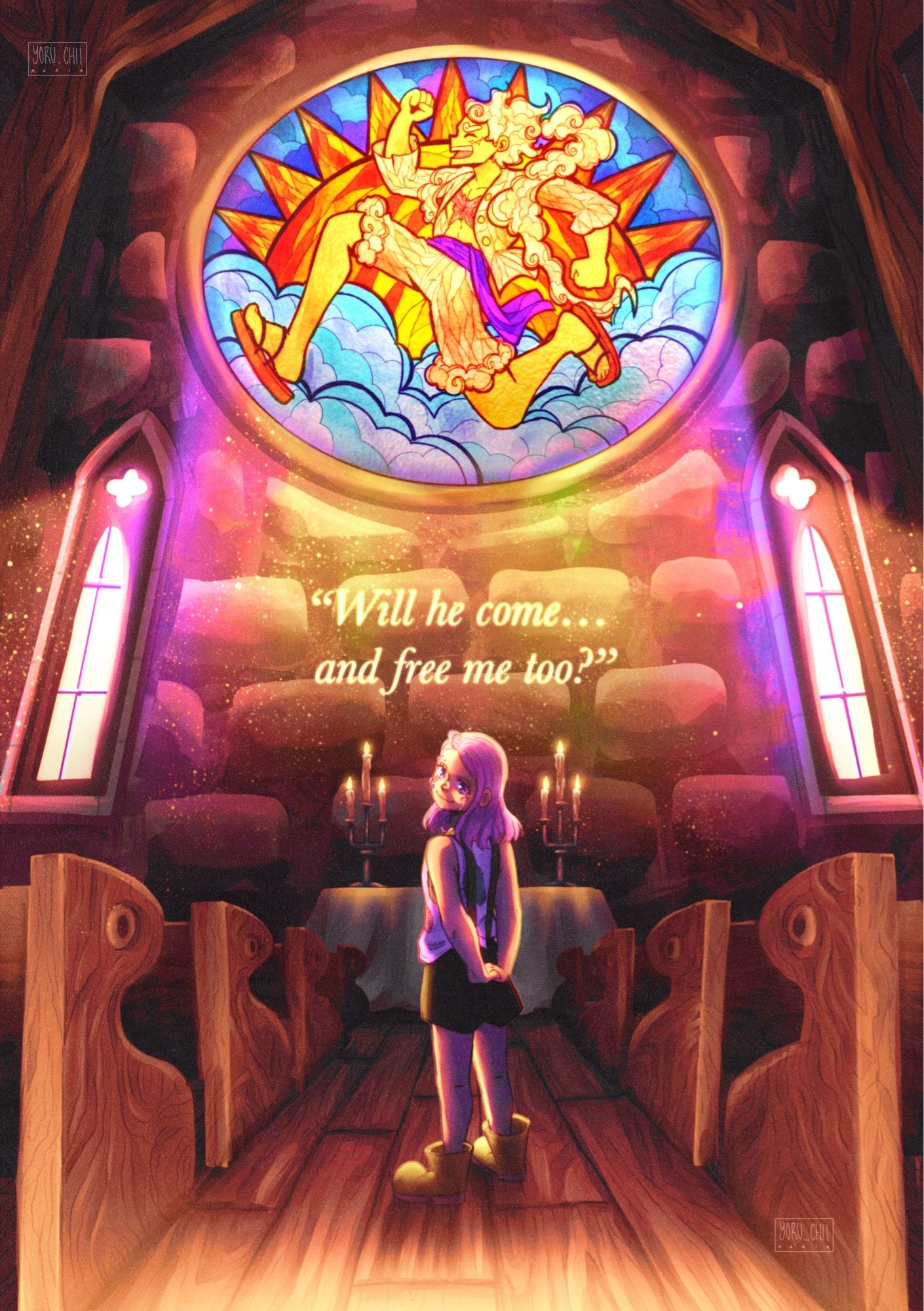 One Piece fanart. Inside of a church (where Kuma raised Bonney). Bonney is standing between the banches and on the wall there’s a rose window showing Luffy on Gear 5 (the Sun God Nika)