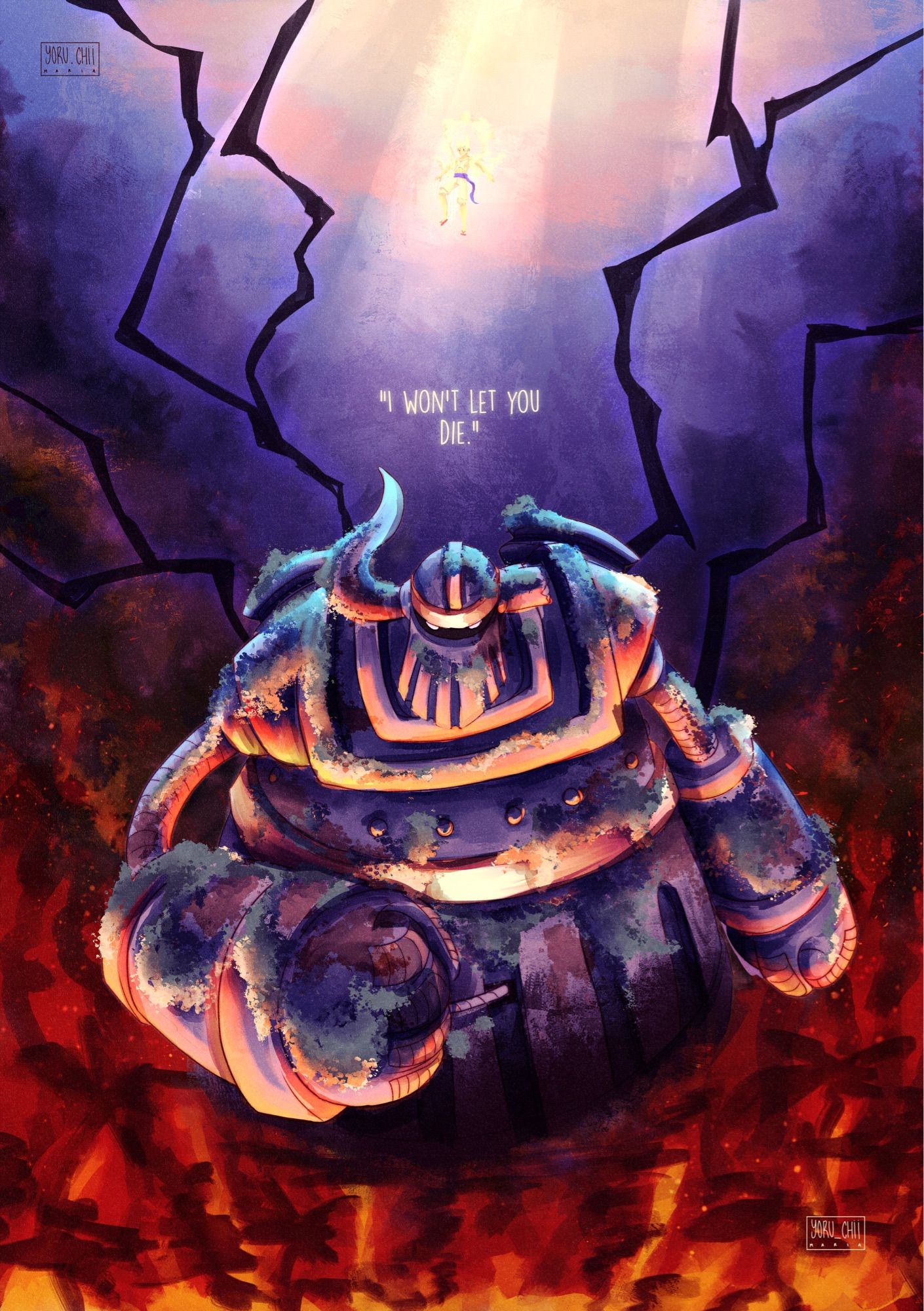 One Piece fanart. The robot giant Emeth using conqueror’s haki sorrounded by flames. Behind him, gear 5 Luffy. Text: “I won’t let you die.”