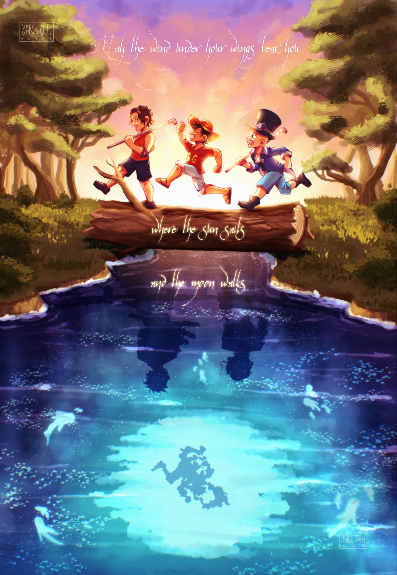 One Piece Fanart. Ace, Luffy and Sabo as kids crossing the river using the trunk of a dead tree. Luffy is jumping, similarly to the Nika pose. On the background there’s a sunrise. In the reflection of the water we can see Zoro and Sanji looking at the moon where we find Luffy’s Gear 5 silhouette. Text: “May the wind under your wings bear you where the sun sails and the moon walks.” by J. R. R. Tolkien