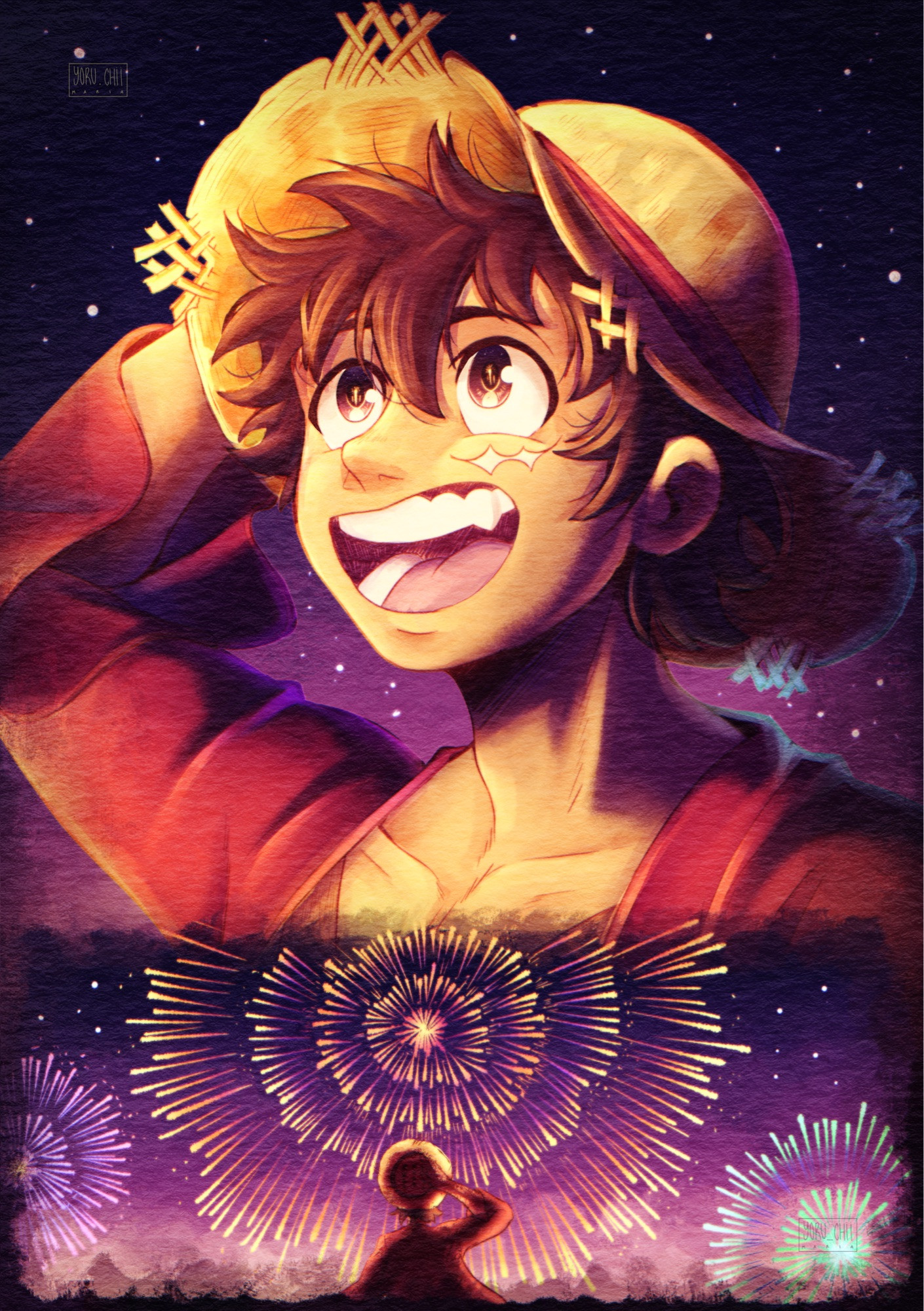 One Piece fanart. Two paneled drawing, on the top we can see Luffy’s face with a firework reflected on his eyes, he’s holding his hat with one hand and has a big smile on his face. On the bottom, the camera is set behind Luffy, letting us see the fireworks he was looking at on the first panel. A big one with orange and purple colors and other two a bit smaller with purple, green and blue.