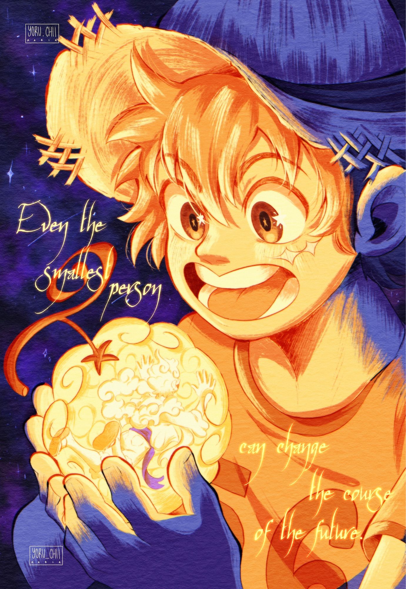 One Piece fanart. Child Luffy holding the Gomu gomu no mi with a littke G5 Luffy  inside it. A big smile on Luffy’s face. Text: “Even the smallest person can change the course of the future.” from Lord of the Rings