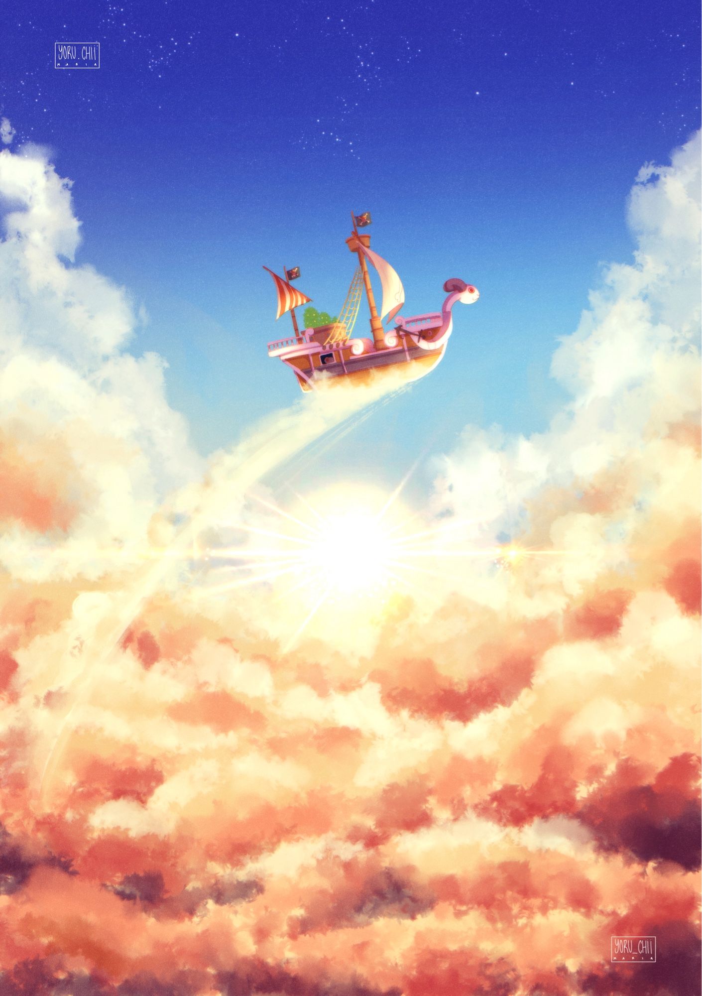 One Piece fanart. The Going Merry jumping through clouds.