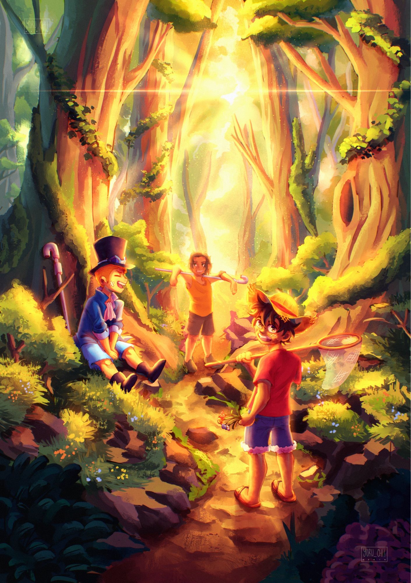 One Piece fanart. Luffy, Sabo and Ace on a morning stroll on the forest. Luffy being the closest to the camera holding four flowers on the left hand and a butterfly net on the other, he’s looking back at the camera. Then there’s Sabo sitting near a tree and laughing. And the last one is Ace with his pipe in his shoulders. We can see the sun behind the tree leaves.