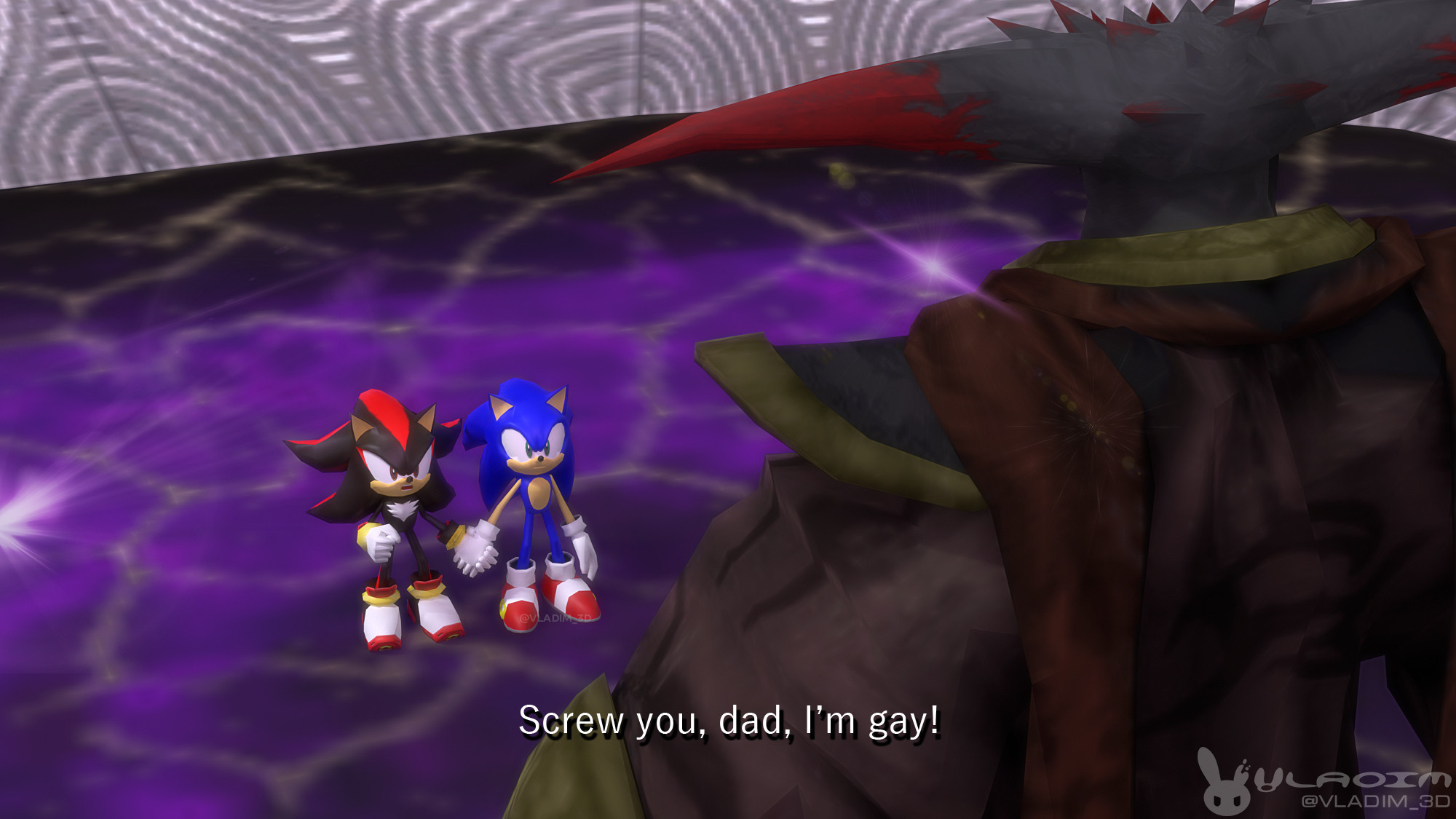 Sonic the Hedgehog and Shadow the Hedgehog are holding hands, while the latters tells Black Doom, "Screw you, dad, I'm gay!"