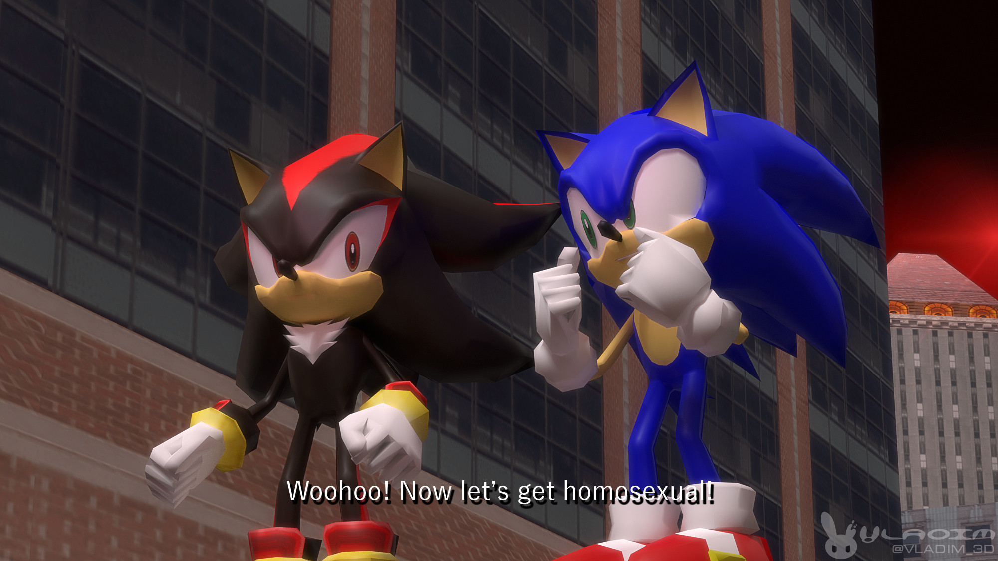 Shadow the Hedgehog stares at Sonic the Hedgehog, as the latter proclaims, "Woohoo! Now let's get homosexual!"