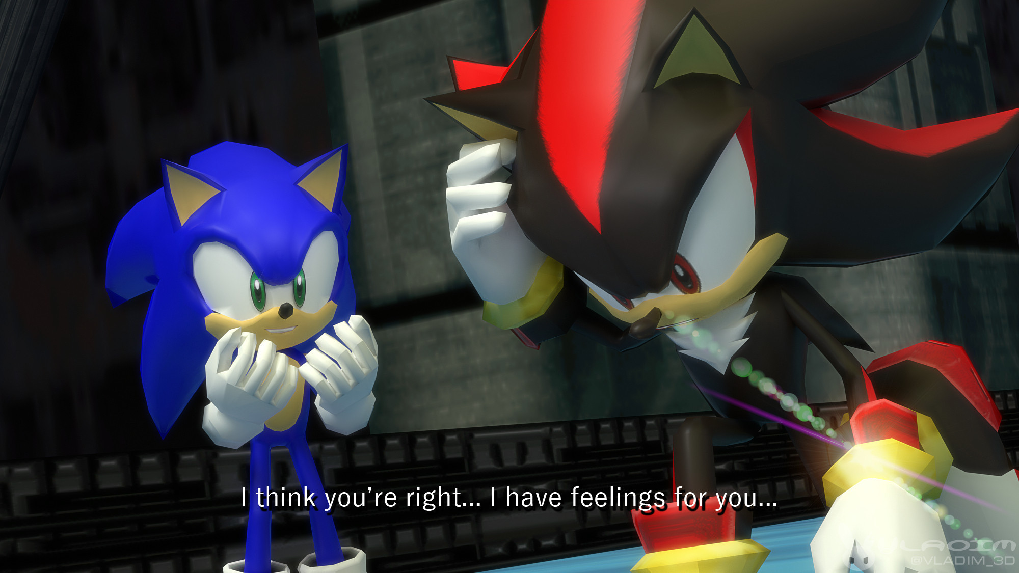 Sonic the Hedgehog is gleaming with happiness, as Shadow the Hedgehogs confesses standing on his knee, "I think you're right... I have feelings for you..."