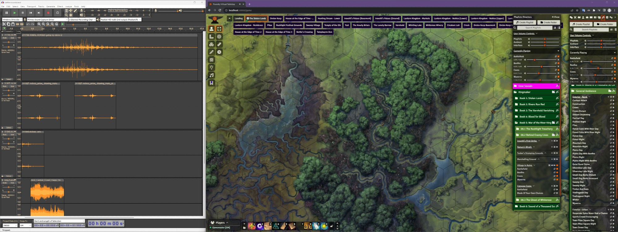 A screenshot depicting the audio-editing program Audacity on the left, with the Foundry Virtual Tabletop software prominent on the right, an image of the Stolen Lands map from Pathfinder's Kingmaker Adventure Path, and audio playlists being organized on a per-event basis.