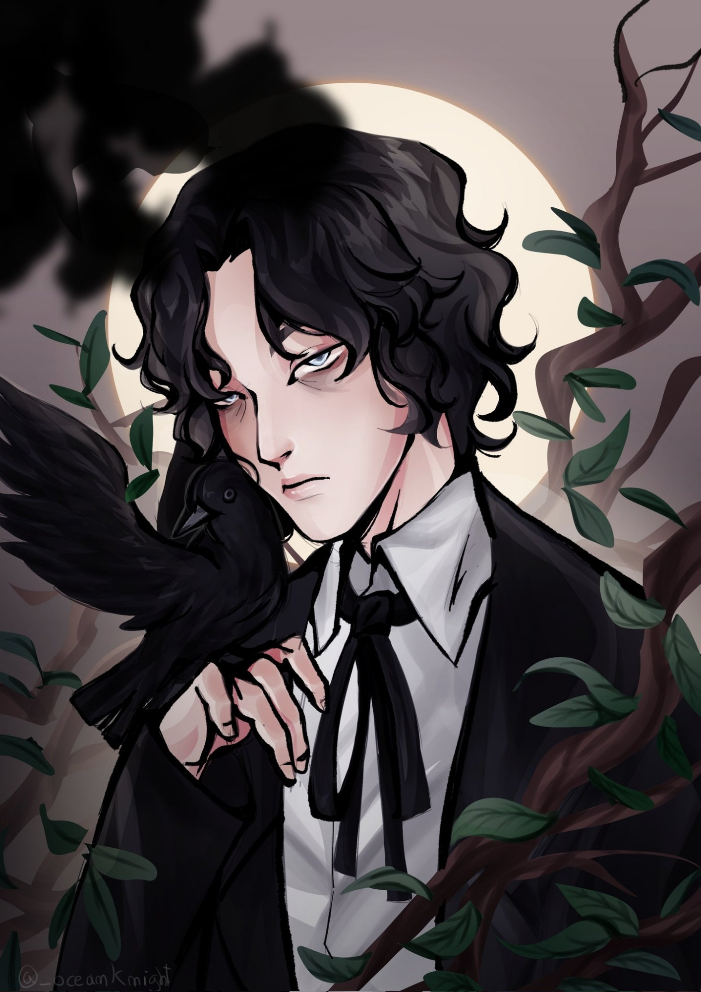 Gothic looking man with wavy hair and tired eyes holding a crow