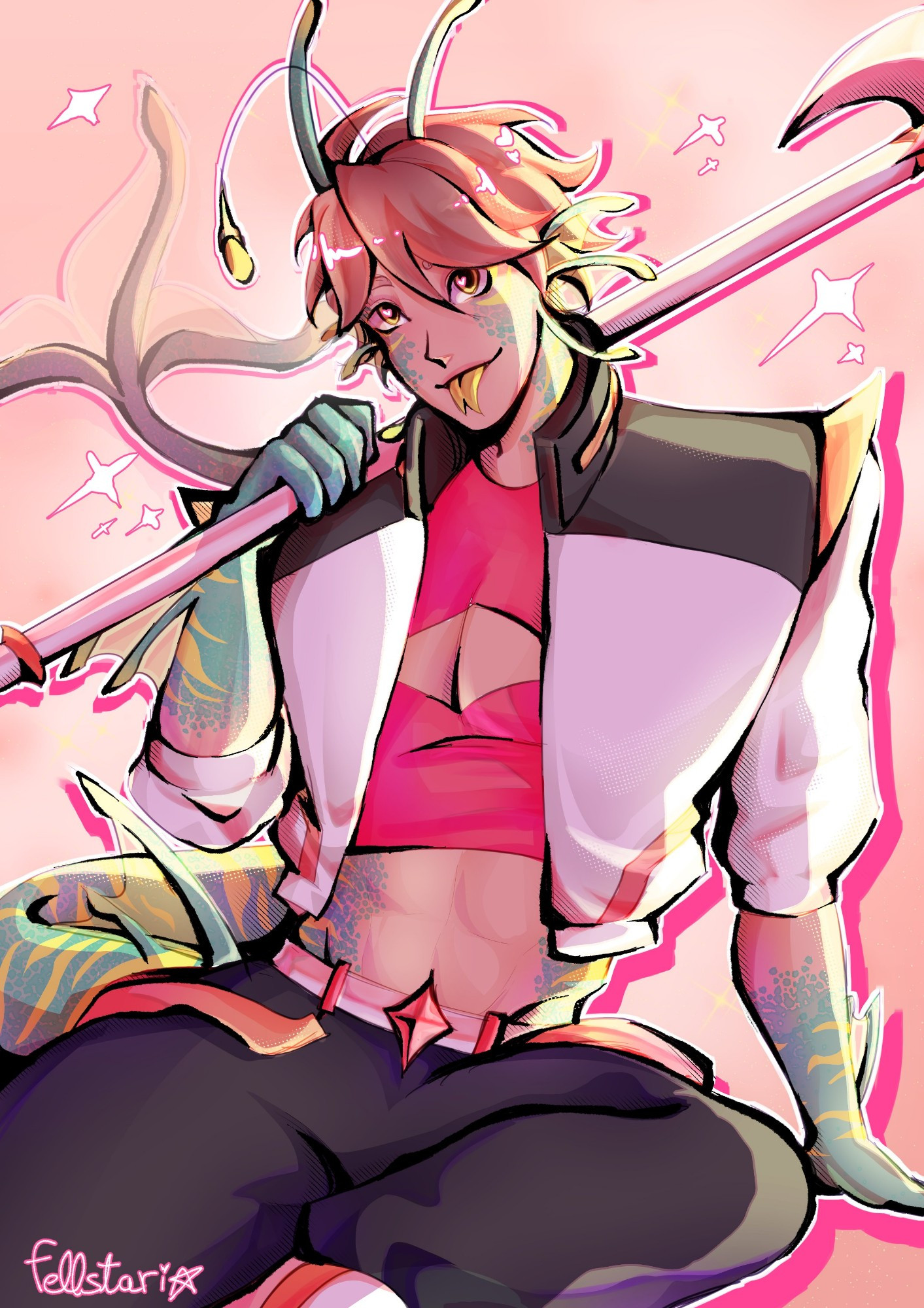 fish boy in pink hue sitting with a weapon on his shoulder