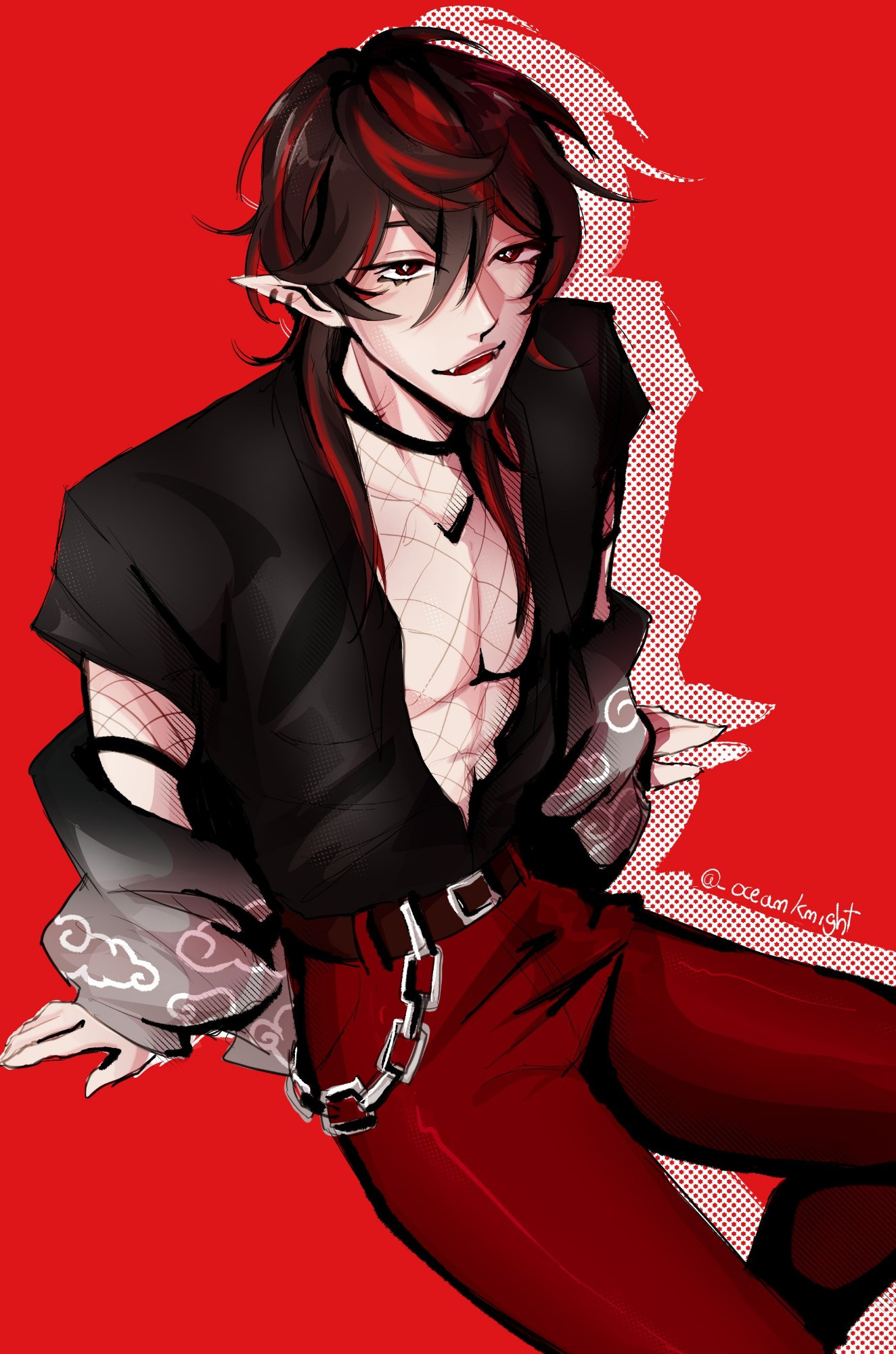 anime pretty boy sitting in bright red background