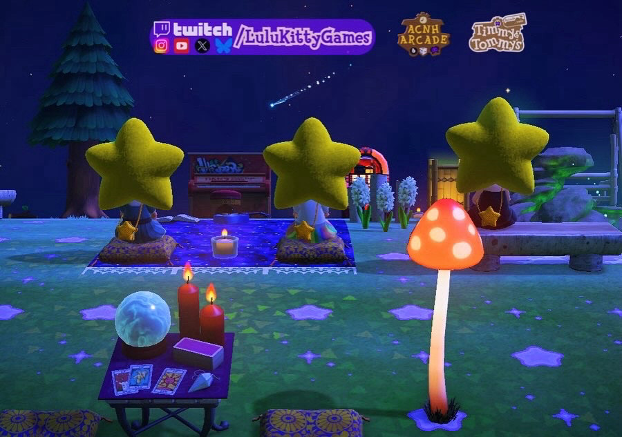 Three animal crossing characters are wearing star heads and watching shooting stars together