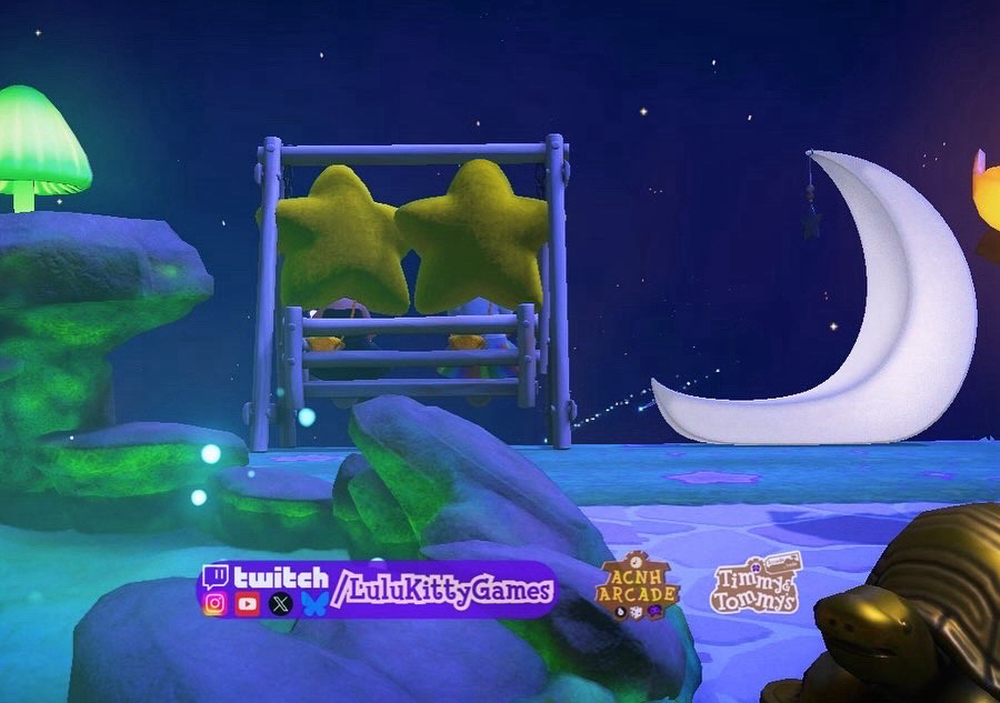 Two animal crossing characters are wearing star heads and watching shooting stars from a swinging bench. A glowing-moss pond is sparkling in the foreground and the crescent-moon chair is to their right.