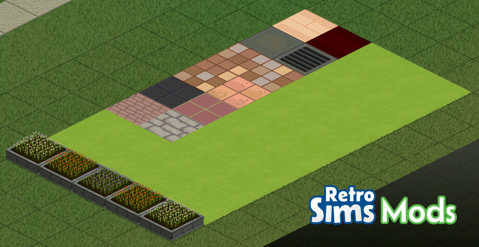 The Sims 1: Isometric view with different Sims Social floors; wood, tiles and light-green grass. Logo 'RetroSimsMods' on lower right of screen.