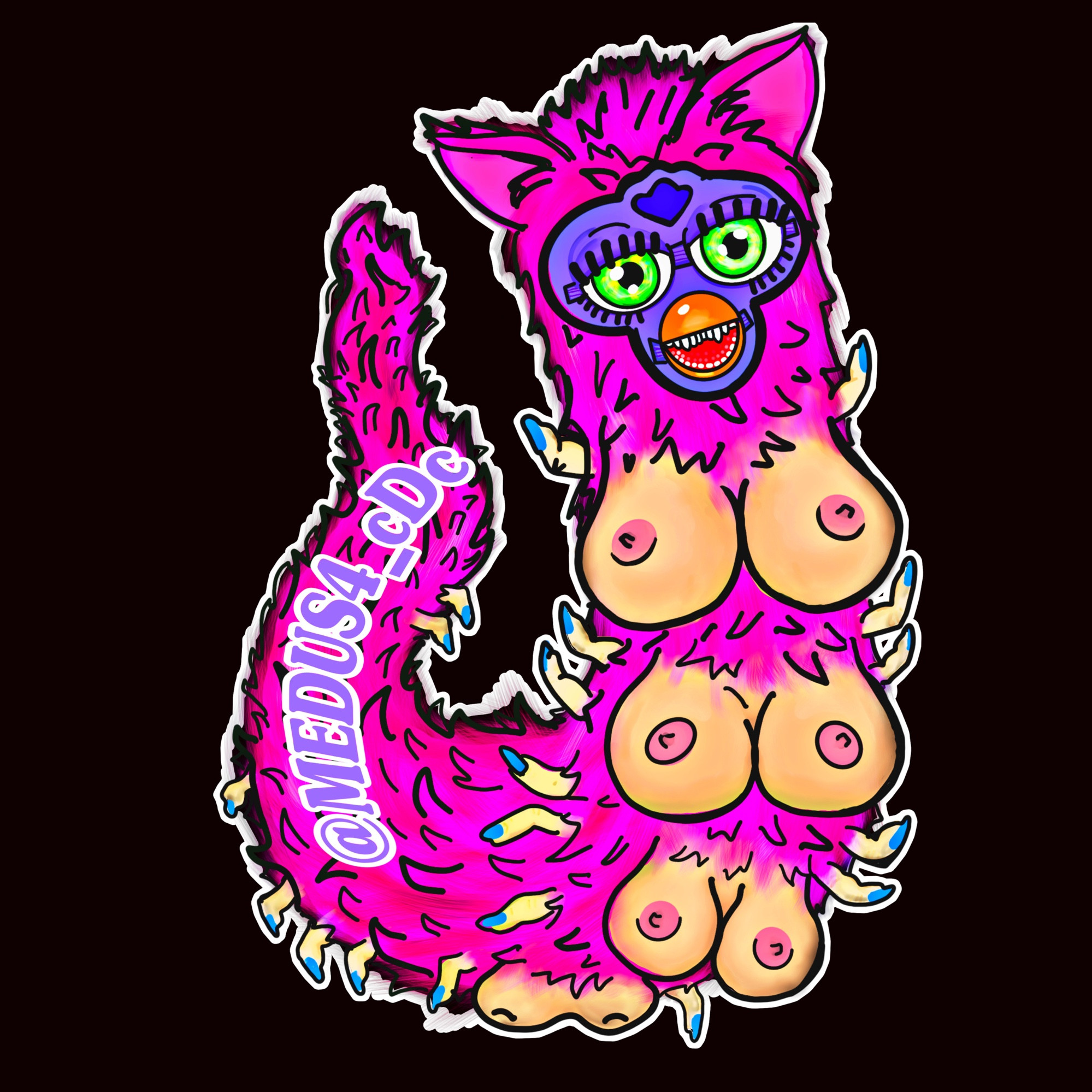 Uh this is kinda hard to describe. Ok, so it’s a furby, a pink one, but with a long snakelike body. It has fur and visible teeth. It’s sitting upright like a cobra, and it has very perky brestages, 8 of them are visible but it’s implied that there are more. Also, it has little legs, but they’re all thumbs, with long purple nails. It’s watermarked with @medus4_cdc because I drew it. I’m sorry, it’s a horrific nightmare creation but also I think it’s beautiful. 