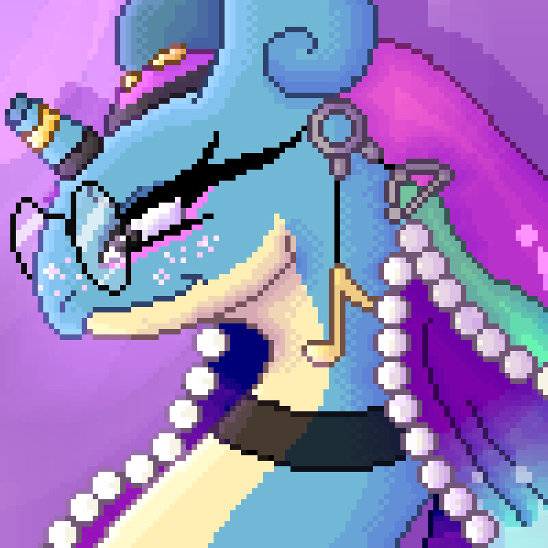 A pixel art drawing of a Lapras Pokémon wearing round lensed glasses and a colorful veil studded with pearls