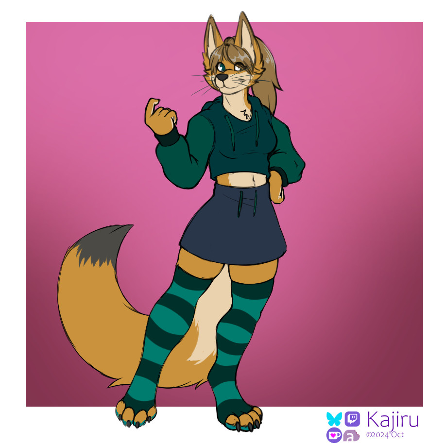 A picture of my fursona drawn by Kajiru. I am wearing a teal and green crop-top type hoodie, a blue skirt, and striped teal thigh-highs.