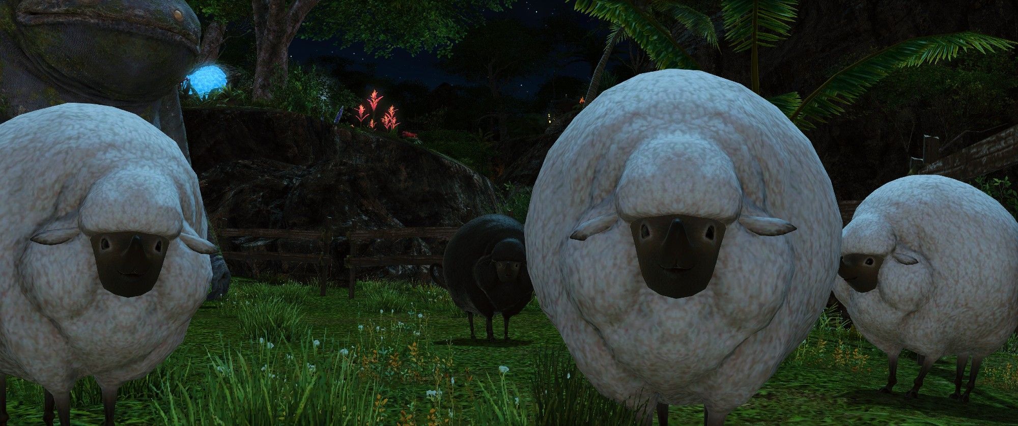 4 sheep on a pasture, at night, looking at the camera. There is also a Goobbue behind one of the sheep.