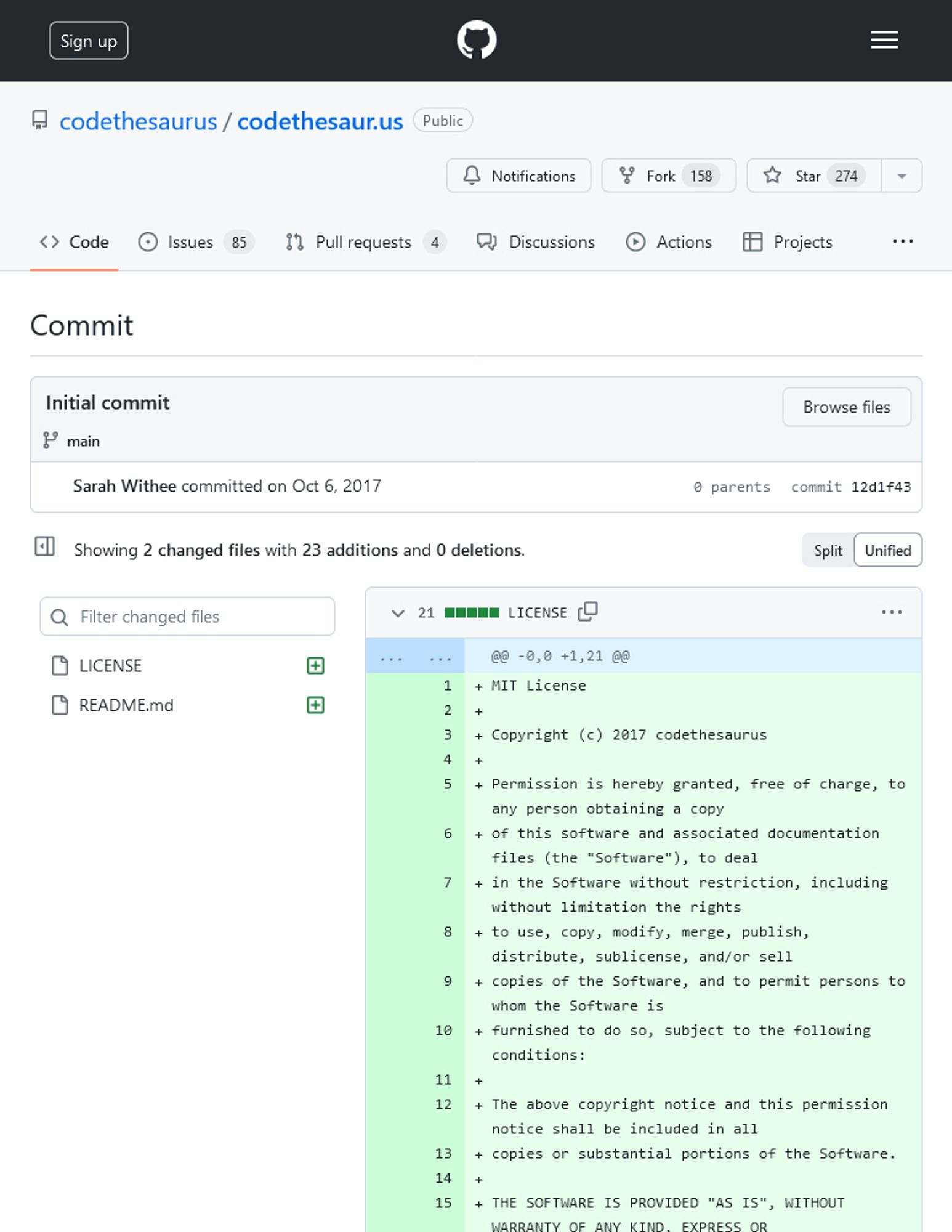 Screenshot of initial commit on GitHub