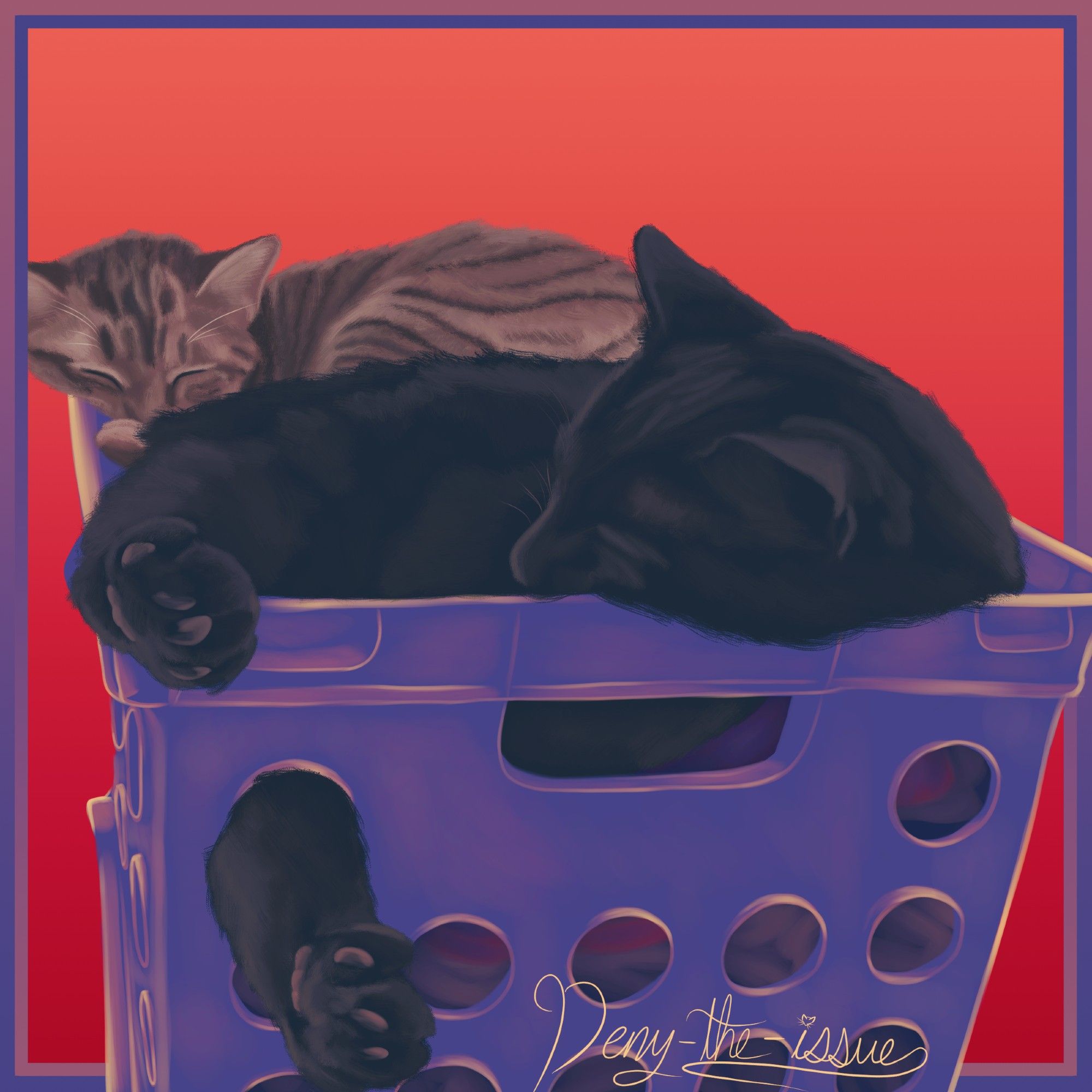 Two cats are sleeping in a purple storage crate; a grey tabby in the back and a black cat in the front with its back left foot humorously poking through one of the holes.