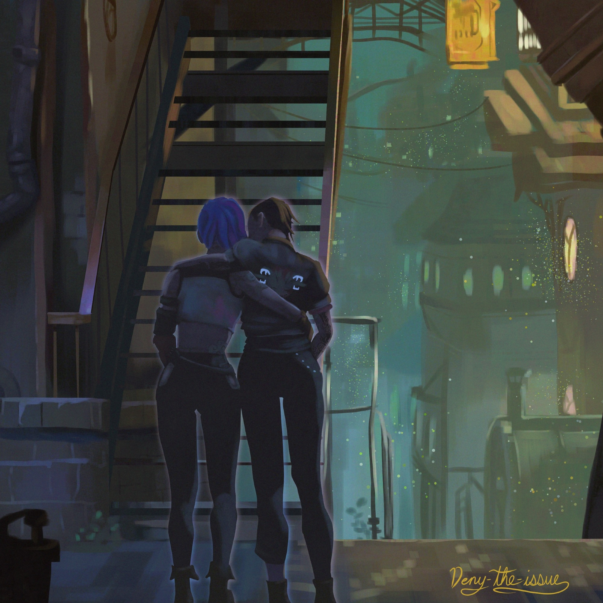 Vi and Jinx walk in the lanes, arms around each other like friends going home from a bar.