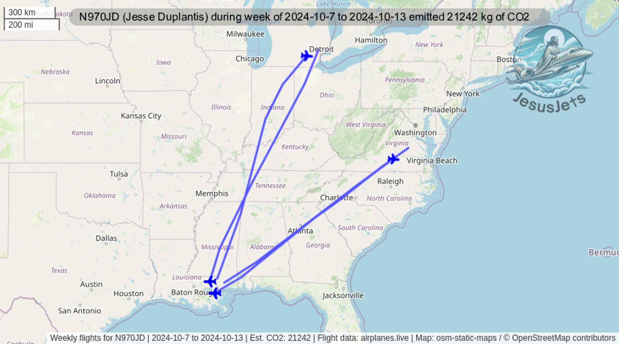 During the week of 2024-10-7 to 2024-10-13 a #dassault Falcon 900 (Reg: N970JD) reportedly used by #jesseduplantis was tracked 4 times with an estimated emissions of 21242 kg of #CO2. If this was flown commercial, the predicted #emissions for these flights would have been 1686 kg. #CO2emissions