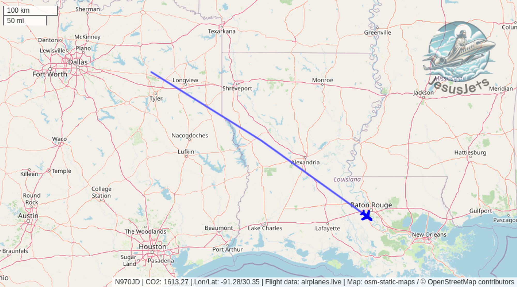 N970JD (#dassault Falcon 900 reportedly used by #jesseduplantis) no longer detected in flight. Emissions est. 1613 kg #CO2 (compared to 128 kg flying commercial). #CO2emissions