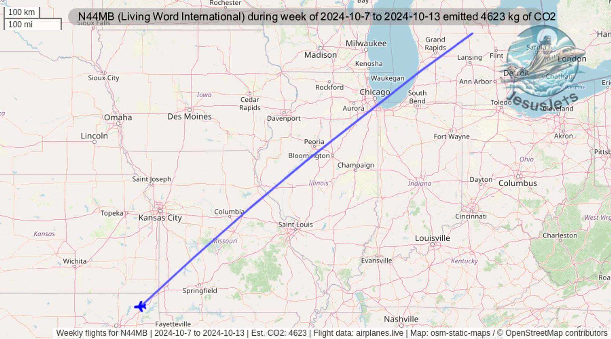 During the week of 2024-10-7 to 2024-10-13 a #hawker 800XP (Reg: N44MB) reportedly used by #livingwordinternational was tracked 1 times with an estimated emissions of 4623 kg of #CO2. If this was flown commercial, the predicted #emissions for these flights would have been 385 kg. #CO2emissions