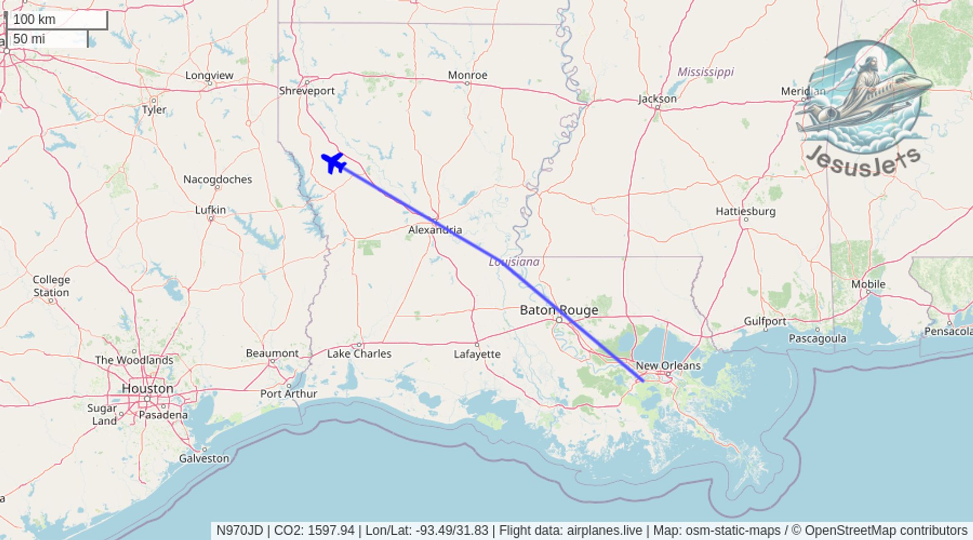 N970JD (#dassault Falcon 900 reportedly used by #jesseduplantis) no longer detected in flight. Emissions est. 2398 kg #CO2 (compared to 190 kg flying commercial). #CO2emissions