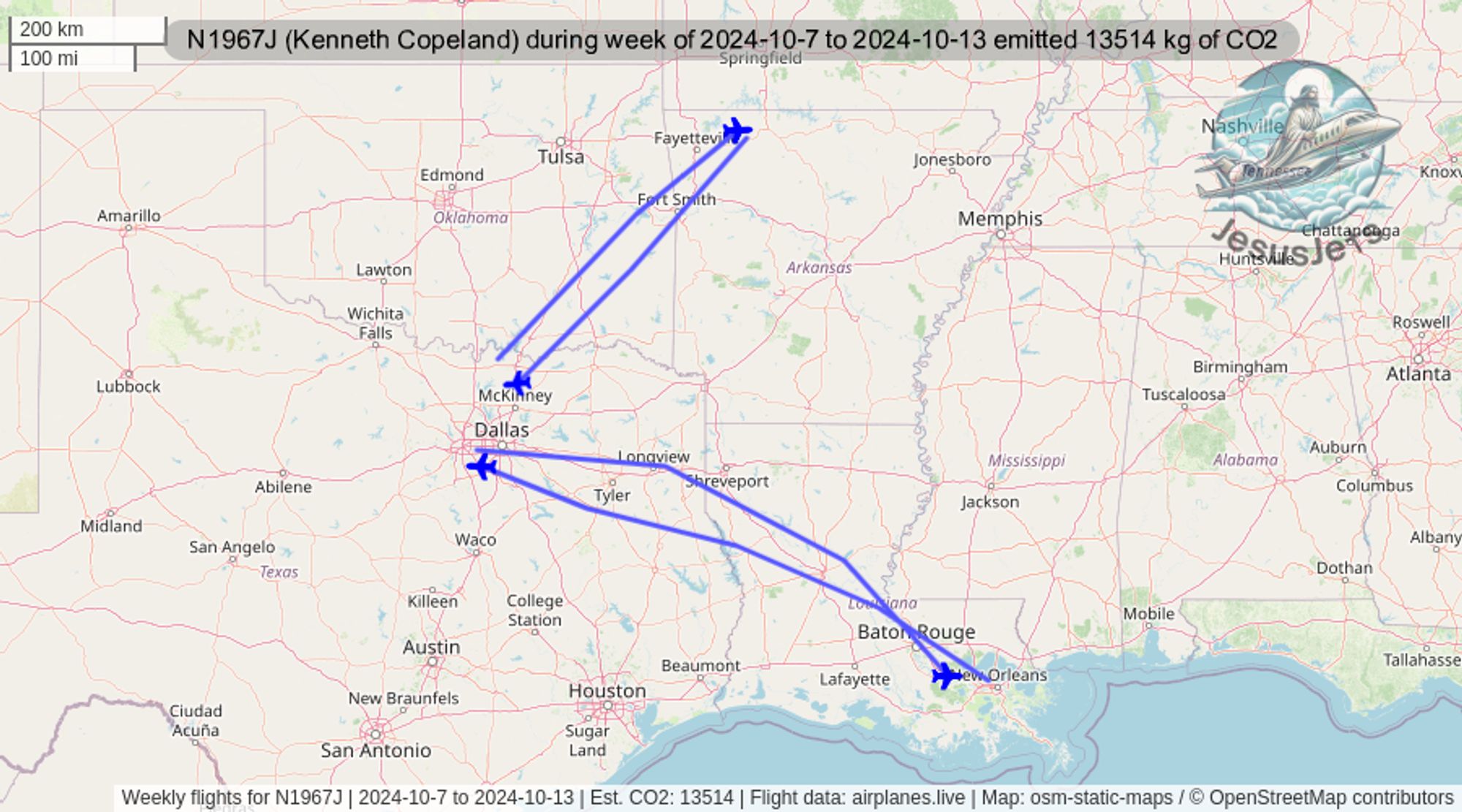 During the week of 2024-10-7 to 2024-10-13 a #gulfstream G550 (Reg: N1967J) reportedly used by #kennethcopeland was tracked 4 times with an estimated emissions of 13514 kg of #CO2. If this was flown commercial, the predicted #emissions for these flights would have been 700 kg. #CO2emissions