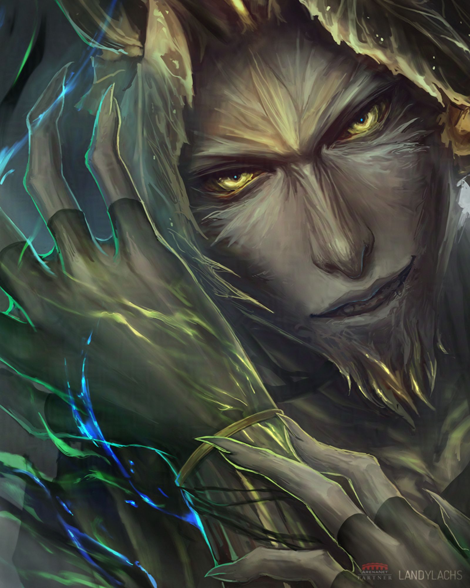 Digital portrait painting of a sylvari necromancer from Guild Wars 2. His forearm is raised with flexed fingers, as he siphons glowing-blue sap-blood from an off-camera sylvari courtier. The necromancer glares into the camera with murderous hunger.