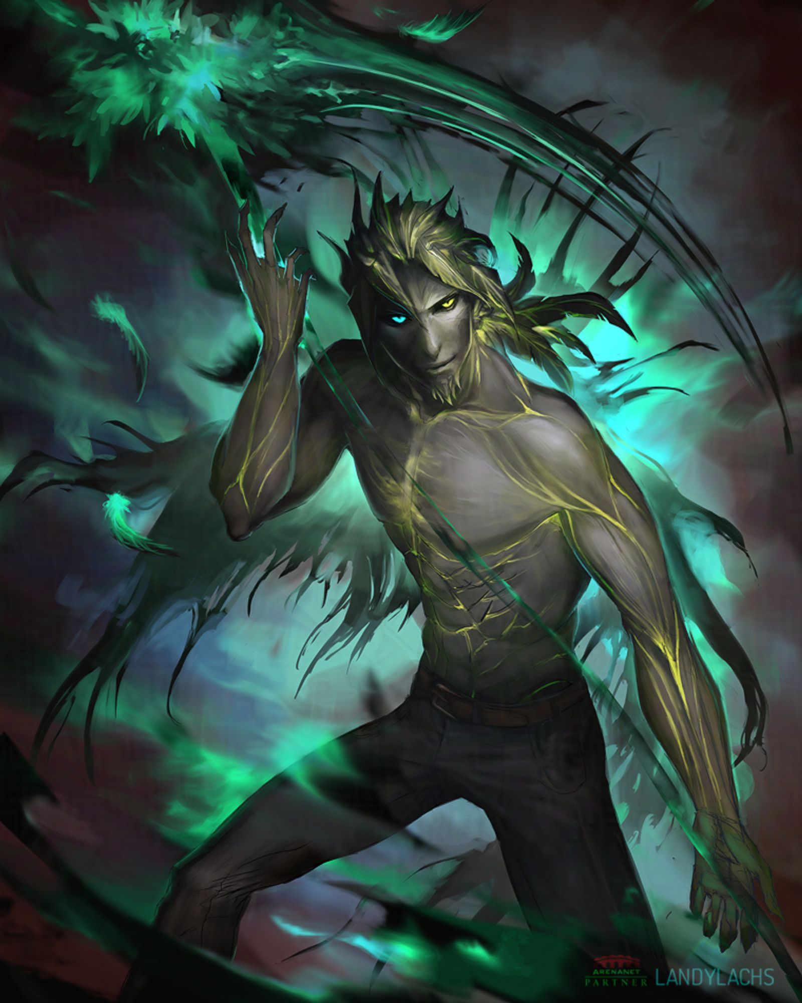 Digital portrait painting of a sylvari necromancer from Guild Wars 2. He is in mid-transformation into “Reaper Shroud,” wielding a large scythe forged from shadows overhead. His hair is made from pale green leaves, an emerald glow emitting from the leaves’ veins in his hair through the seams of his ash-colored bark-skin. 