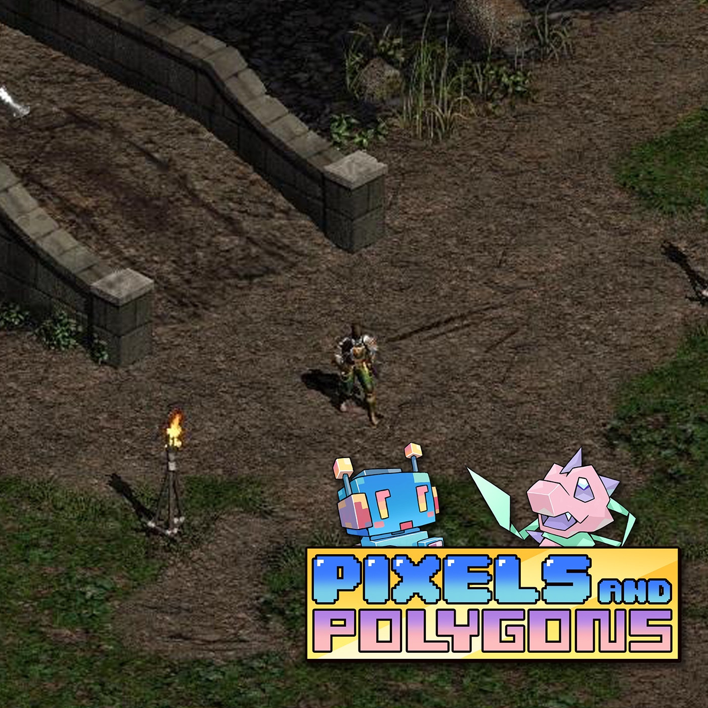 Screenshot of a video game with the Pixels and Polygons logo overset on it. 